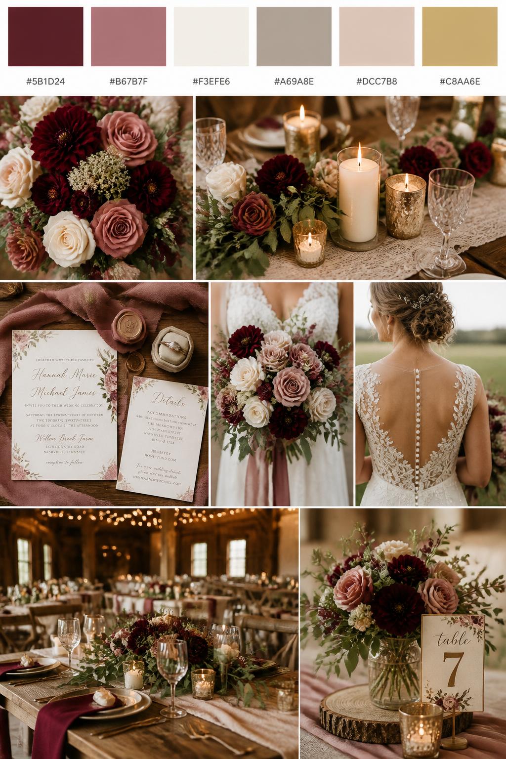 A realistic country wedding color scheme mood board with a top swatch strip and small hex codes in burgundy, dusty rose, ivory, warm taupe, blush beige, and soft gold. Below, create a rich romantic collage of burgundy flowers, dusty rose blooms, ivory candles, wood table styling, soft invitations, hands holding a bouquet, a back-view bridal detail, and a no-people reception table with country floral decor. Use no clear faces and mix detail shots with no-people decor images for variety. The mood should feel romantic, warm, country, and elegant with soft natural light and DSLR-style realism. 9:16 vertical format. (no watermarks on images)