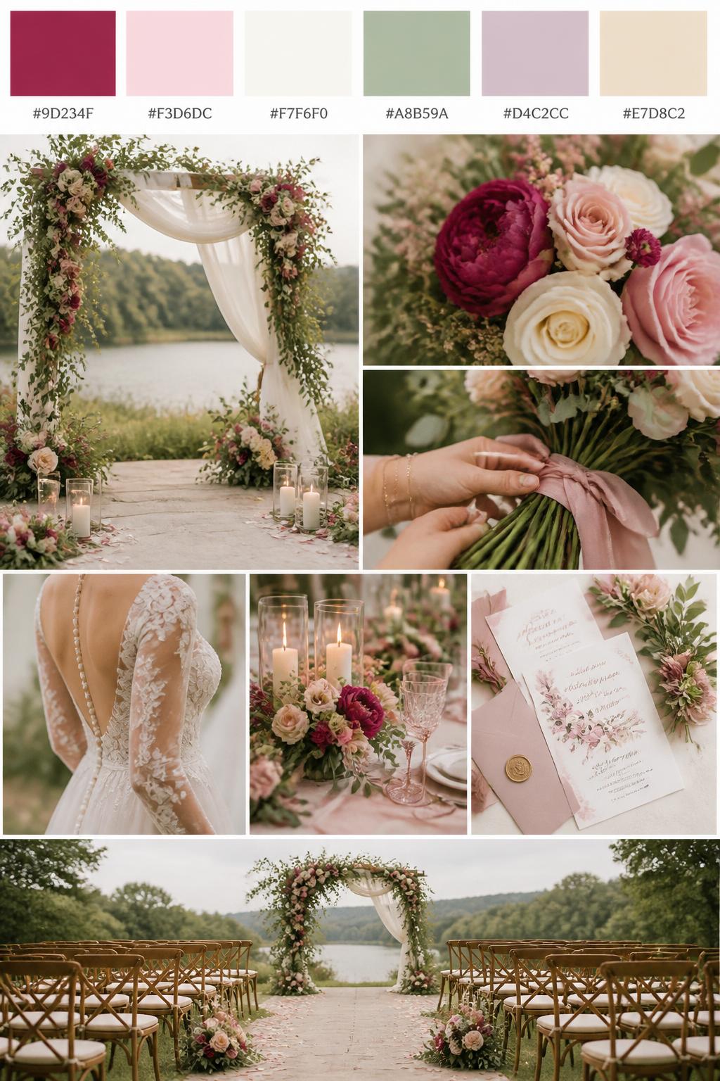 Image Prompt:
A realistic wedding mood board with a top strip of color swatches and small hex codes in raspberry, blush pink, ivory, sage green, pale mauve, and warm beige. Below, show a romantic collage of wedding details: a floral ceremony arch with raspberry and blush flowers, ivory roses, soft greenery, flowing draped fabric, candles, hands adjusting ribbon on bouquets, a cropped dress detail from the shoulders down, and a no-people ceremony setup under soft natural light. Keep the collage polished, floral, and romantic with DSLR-style realism. Use no clear faces, with side angles, back views, detail-only shots, and no-people scenes. 9:16 vertical format. (no watermarks on images)
