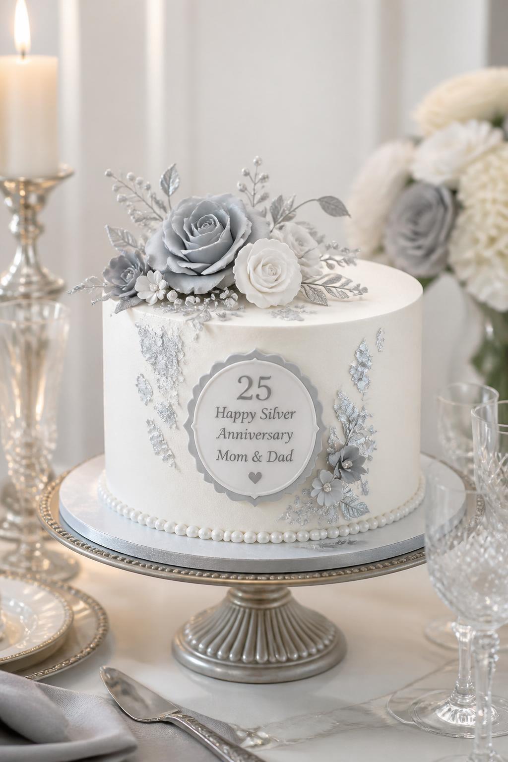 Image Prompt: A refined silver anniversary cake for parents with smooth white buttercream, silver leaf accents, pale gray and white sugar flowers, pearl piping, and an elegant cake stand. Style it on a polished dessert table with crystal glasses, candles, and soft neutral decor. Make it look graceful, clean, and realistic, with editorial food styling, no people, no faces, no watermark. (no watermarks on images)