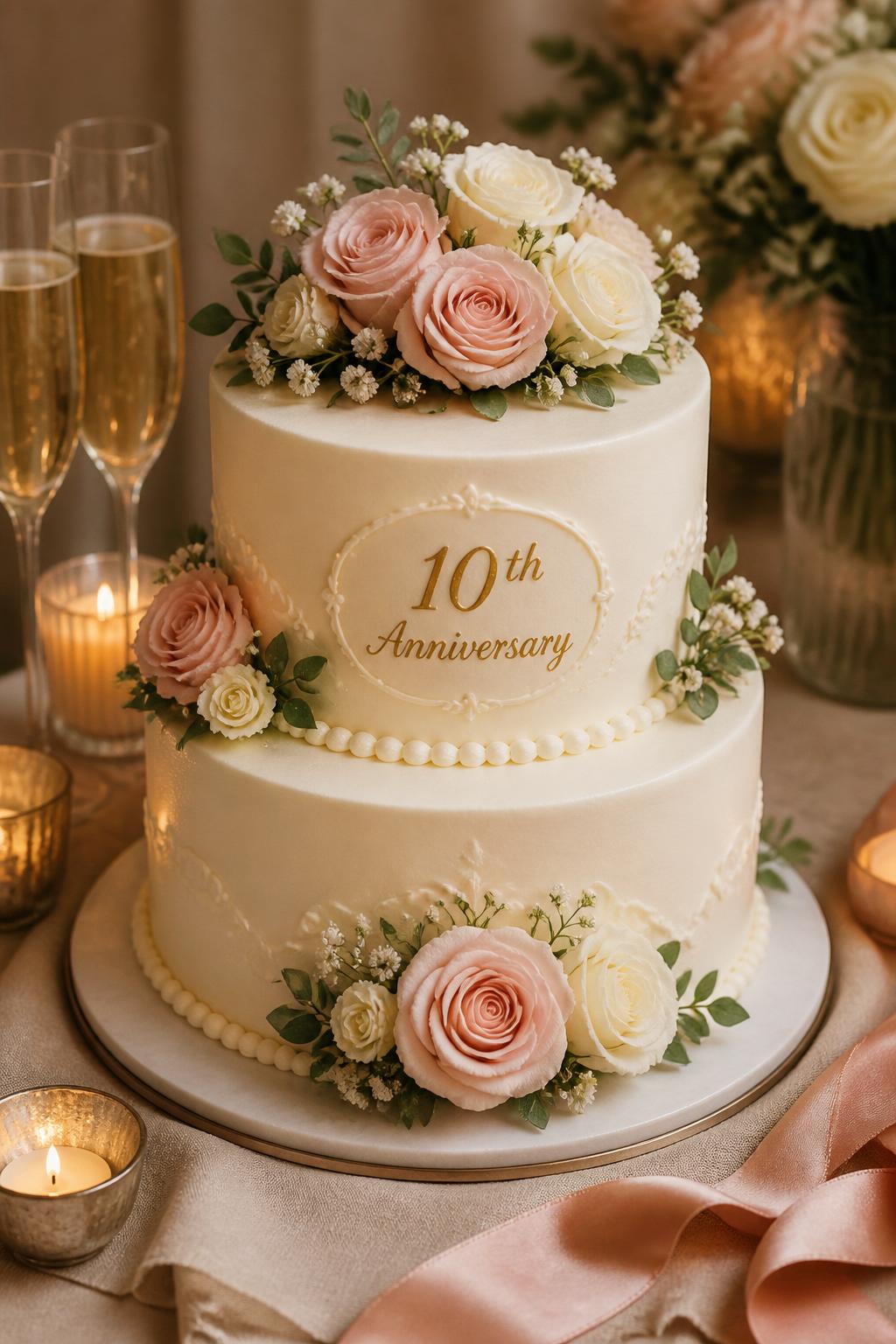 Image Prompt: A romantic two-tier 10th anniversary cake with smooth ivory buttercream, blush and cream roses, small white florals, soft greenery, and delicate piped borders. Style it on a warm dessert table with candles, champagne glasses, silk ribbon, and neutral linen. Make it look romantic, polished, and realistic, no people, no faces, no watermark. (no watermarks on images)