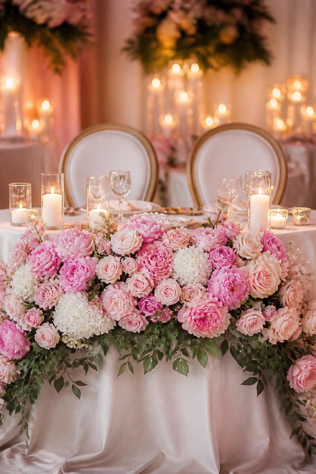 A romantic sweetheart table decorated with a full pink floral front using blush roses, pink peonies, ivory flowers, and greenery. Add soft ivory linen, candles, elegant chairs, crystal glasses, and warm reception lighting. No visible faces, no full people, sweetheart table-focused composition, realistic DSLR wedding photography, no text, no watermark, (no watermarks on images)