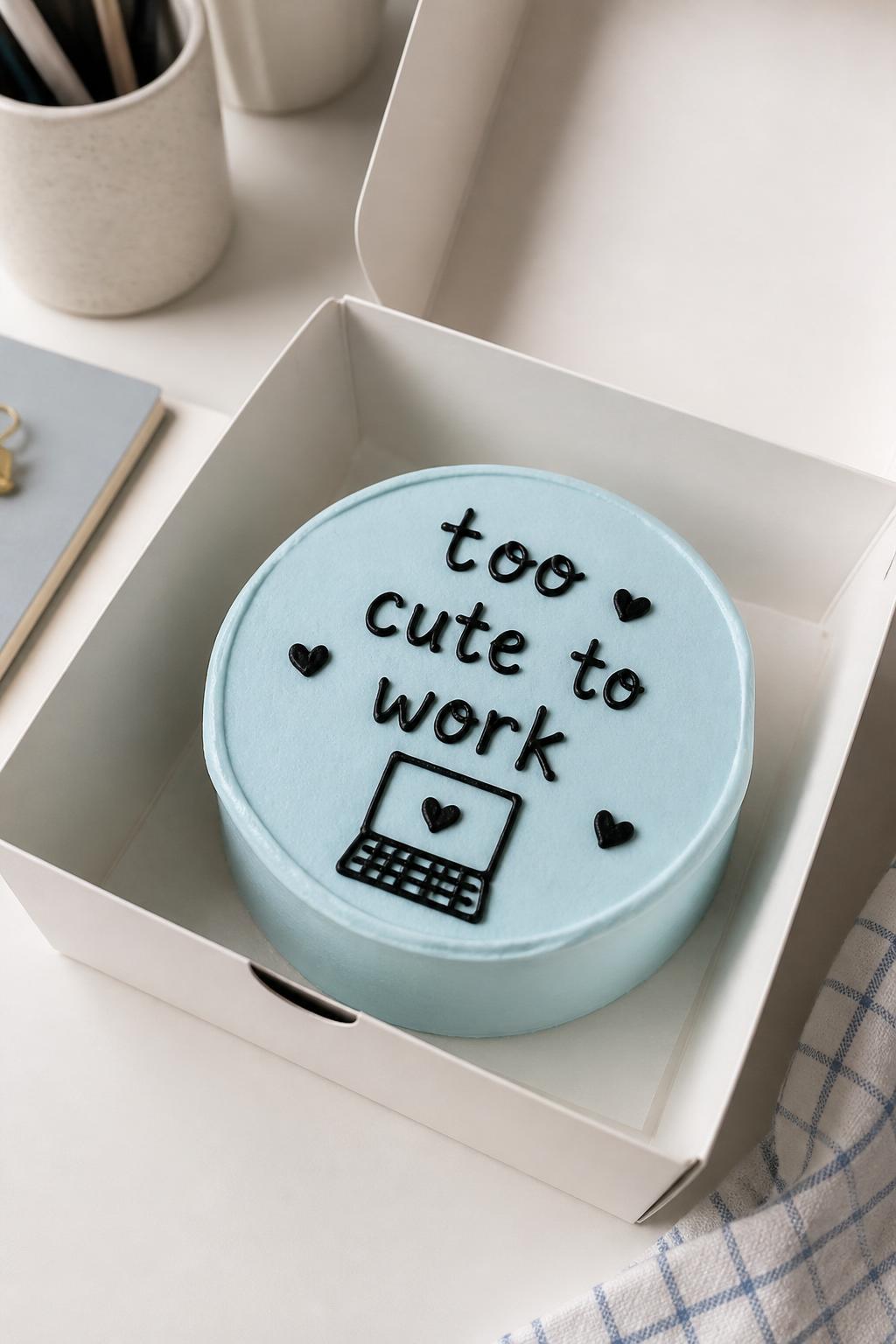 Image Prompt:
A funny office themed bento cake in an open white cake box, smooth pale blue frosting, black handwritten icing text reading “too cute to work,” tiny laptop doodle and small hearts, clean desk-inspired dessert styling, soft natural light, realistic bakery photography, no screens, no people, no hands, no faces, no watermarks on images