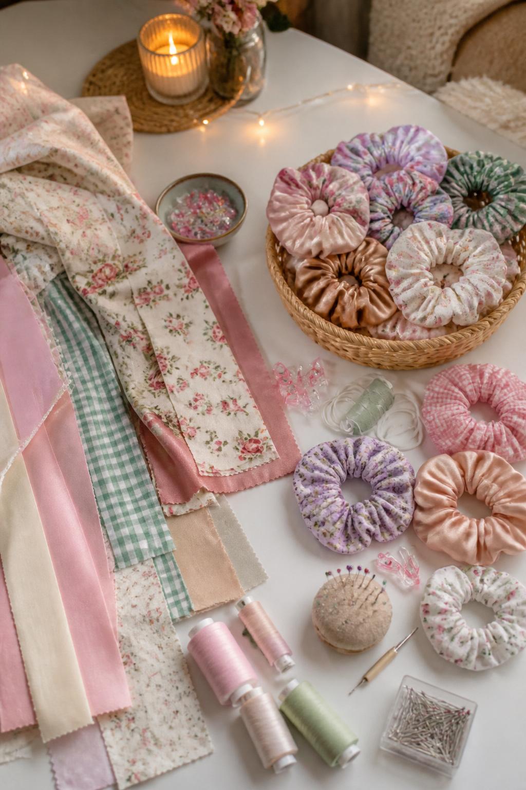 Detailed Image Prompt:
A cozy craft night photo showing handmade scrunchies, soft fabric strips in floral, satin, gingham, and pastel patterns, elastic pieces, sewing clips, needles, thread, and finished scrunchies arranged on a white table, stylish girls’ night sewing craft mood, no people, no faces, no readable text, no watermark on images.