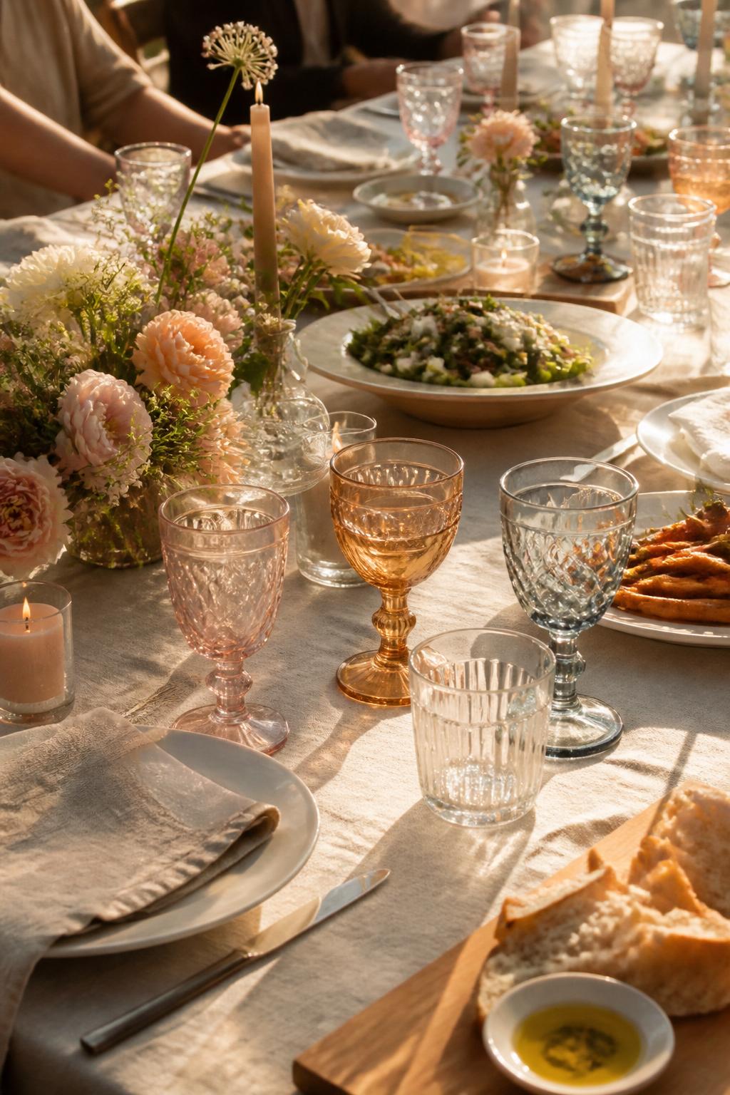 Image Prompt:
A cute family style wedding dinner table with mismatched glassware in clear, pale blue, amber, and soft pink tones, paired with simple white plates, linen napkins, low florals, candles, and shared serving dishes. Warm intimate wedding reception setting, no visible faces, no text, no watermark, realistic editorial photography, (no watermarks on images)
