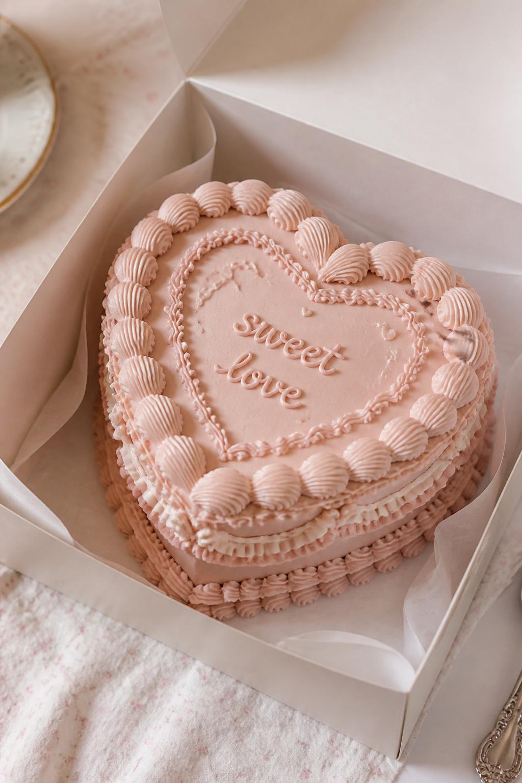 Image Prompt:
A vintage style heart shaped bento cake inside an open white cake box, soft blush pink frosting, detailed shell borders, ruffle piping, delicate swirls, romantic retro bakery styling, short icing message reading “sweet love,” soft table setting, realistic close-up dessert photography, no people, no hands, no faces, no watermarks on images