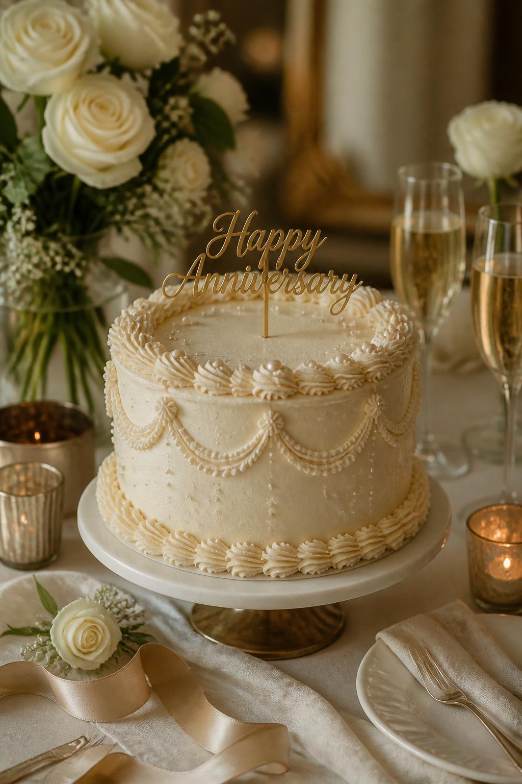 Image Prompt: A high-end editorial photo of a vintage pearl anniversary cake on a refined dessert table. The cake has soft ivory buttercream, delicate Lambeth piping, tiny edible pearls, and a small gold “Happy Anniversary” topper. Style it with champagne glasses, silk ribbon, white roses, and warm candlelight in a romantic indoor setting. Use realistic cake texture, luxury magazine styling, soft natural light, no people, no faces, no text overlay, no watermark. (no watermarks on images)