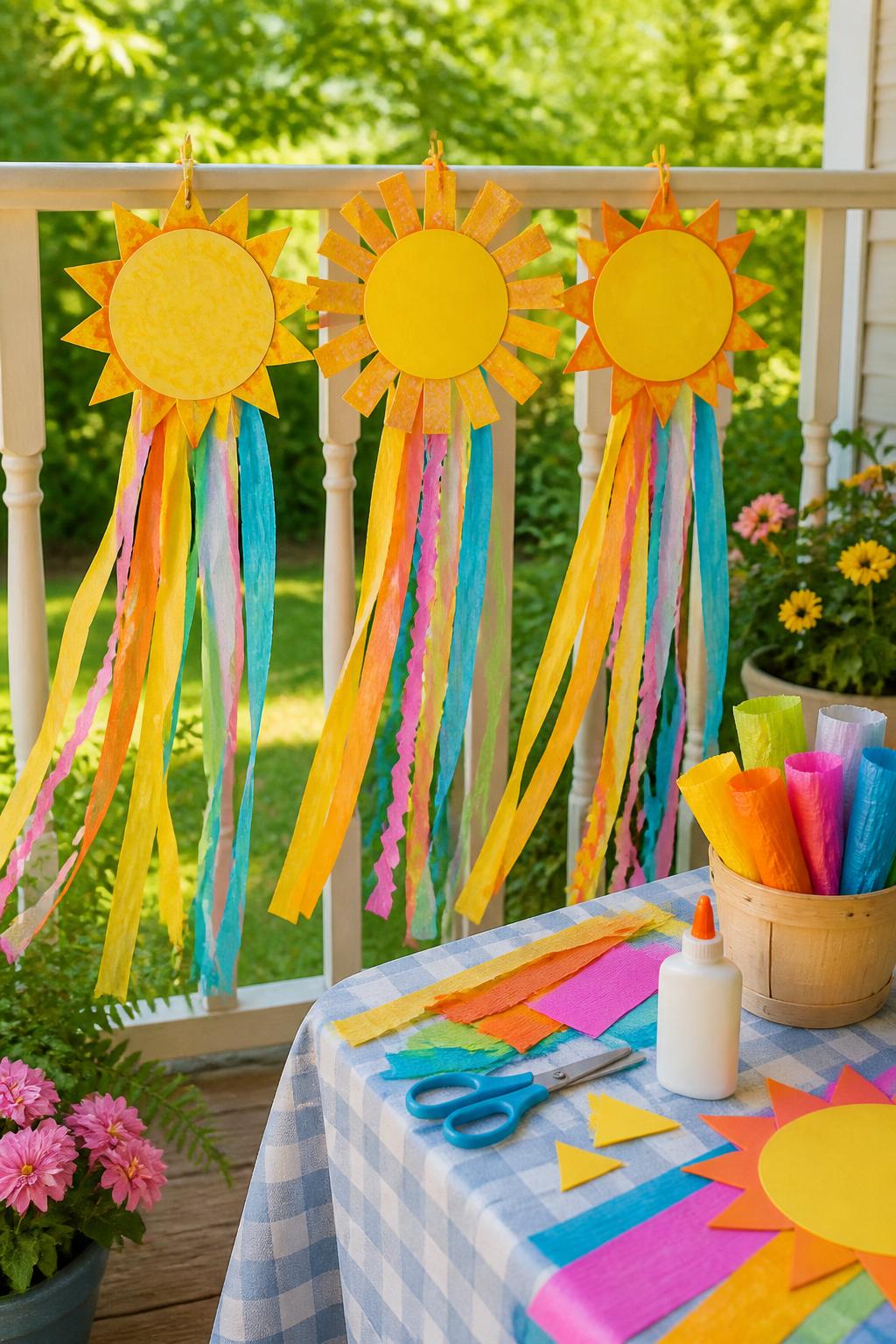 Detailed Image Prompt:
A cheerful outdoor craft photo showing handmade summer wind streamers, paper sun shapes at the top with long ribbons and crepe paper strips in yellow, orange, pink, blue, and green hanging below, displayed on a porch rail in soft summer breeze, craft table with glue, scissors, and paper shapes nearby, bright first day of summer celebration style, no people, no faces, no readable text, no watermark on images.