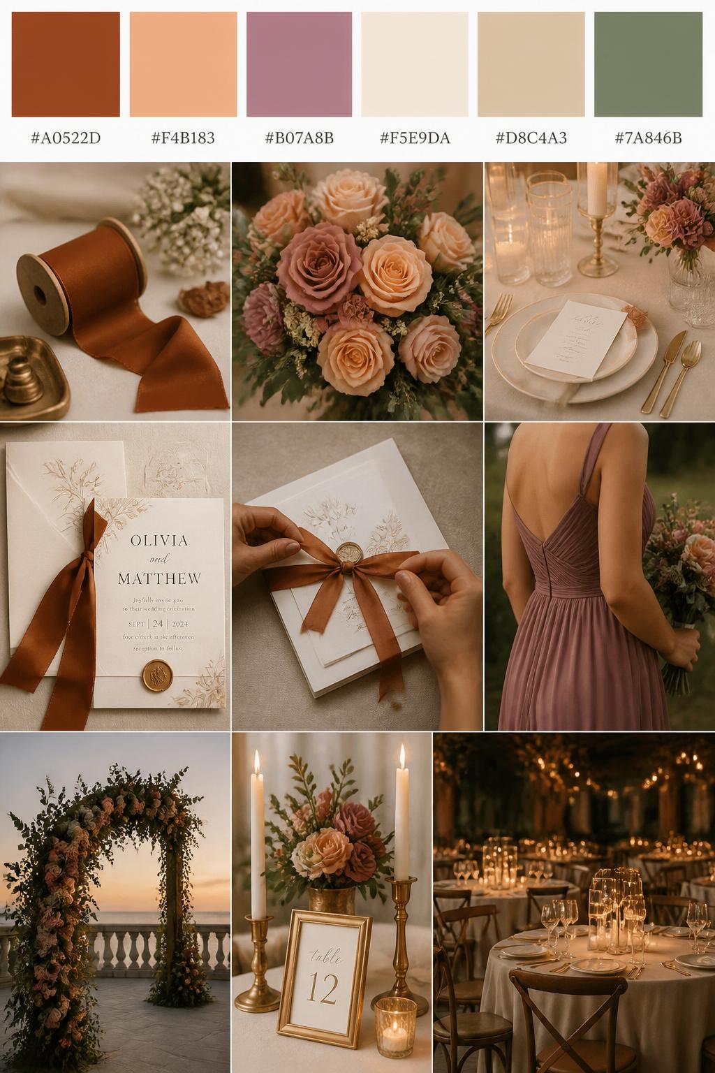 A realistic wedding color palette collage with a top row of swatches and hex codes in cinnamon, peach, mauve, cream, warm beige, and muted olive. Below, show realistic wedding details such as cinnamon ribbon, peach roses, mauve blooms, cream table styling, elegant stationery, hands tying an invitation suite, a cropped-from-neck bridesmaid dress detail, and a warm reception setup lit by candlelight. Keep all people shown from the back, side, or cropped below the face, and include some no-people decor scenes for variety. The mood should feel cozy, romantic, warm, and sunset-inspired with DSLR-quality realism. 9:16 vertical format. (no watermarks on images)