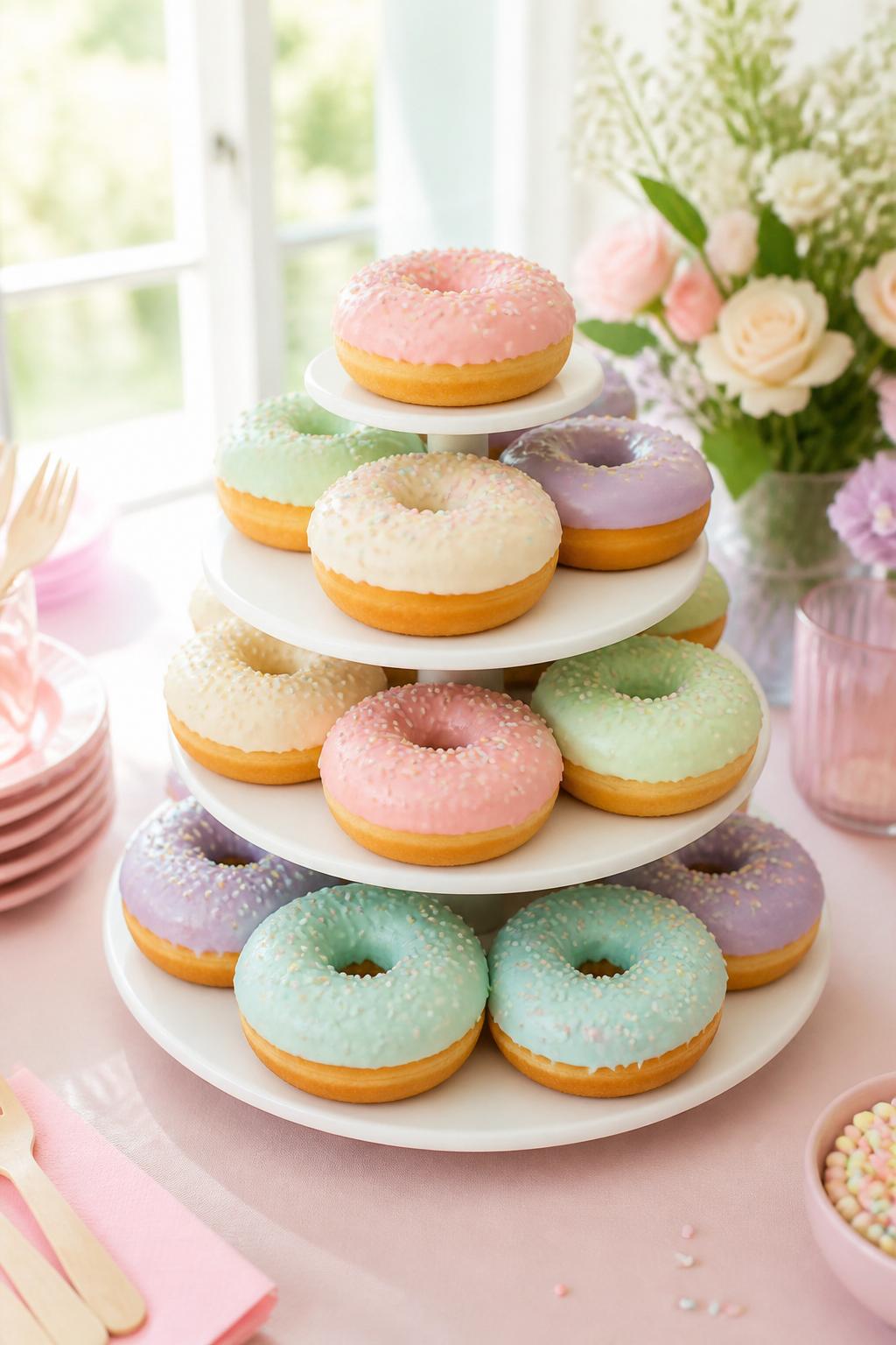 Detailed Image Prompt:
A cute pastel sprinkle donut tower cake with donuts iced in pale pink, mint, lavender, cream, and baby blue, covered with tiny pastel sprinkles, stacked neatly on a white tiered stand, styled on a soft spring party dessert table, bright natural light, realistic editorial dessert photography, no people, no watermarks on images.