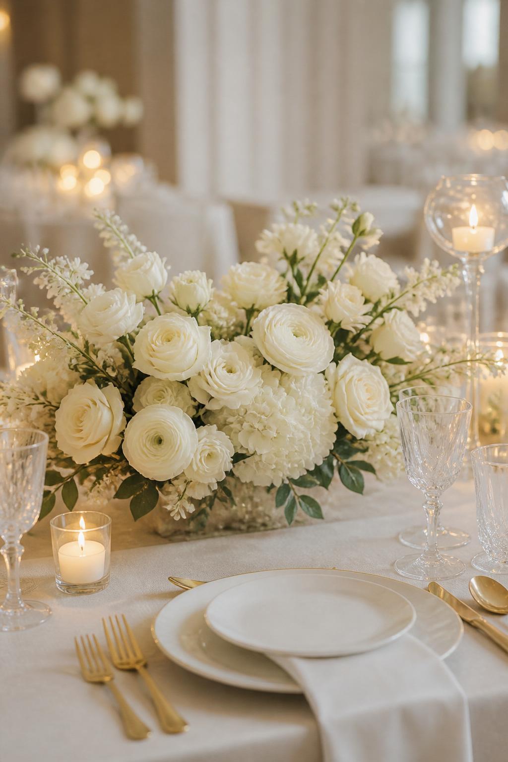 Image Prompt:
An elegant wedding table photo showing low white floral centerpieces made with white roses, white hydrangeas, white ranunculus, and soft greenery. The table has ivory linen, white plates, clear crystal glasses, gold flatware, and small glass candle votives. Refined reception setting, no visible faces, no text, no watermark, realistic editorial wedding photography, (no watermarks on images)