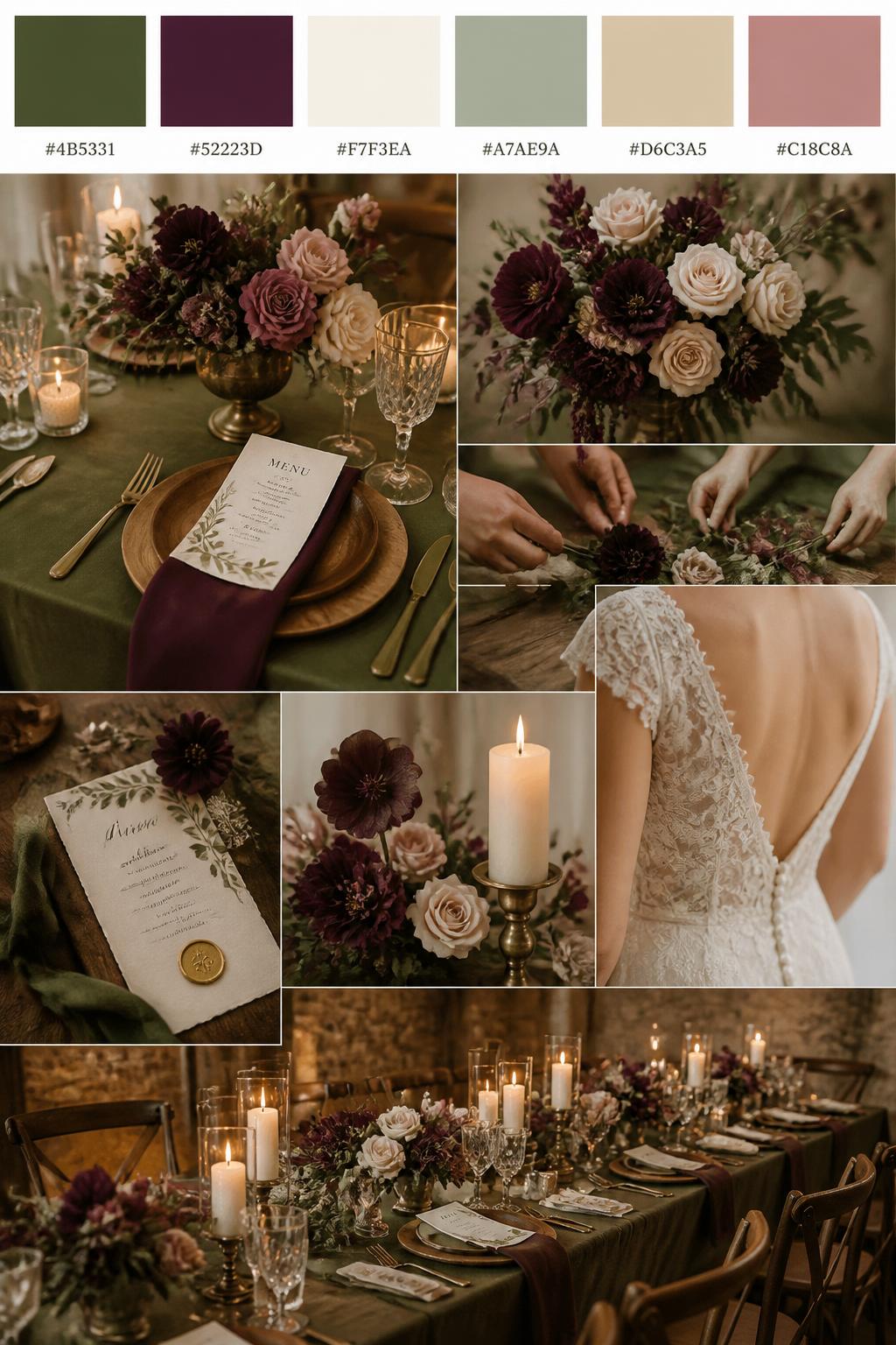Image Prompt:
A realistic wedding mood board with a top strip of color swatches and small hex codes in olive green, plum, ivory, muted sage, warm beige, and dusty rose. Below, show a romantic collage of wedding details: olive green table linens, plum floral centerpieces, ivory candles, wooden charger plates, elegant menu cards, hands arranging flowers, a cropped dress detail from the shoulders down, and a no-people reception table glowing under soft candlelight. Keep the collage polished, earthy, and romantic with DSLR-style realism. Use no clear faces, with side angles, back views, detail-only shots, and no-people scenes. 9:16 vertical format. (no watermarks on images)