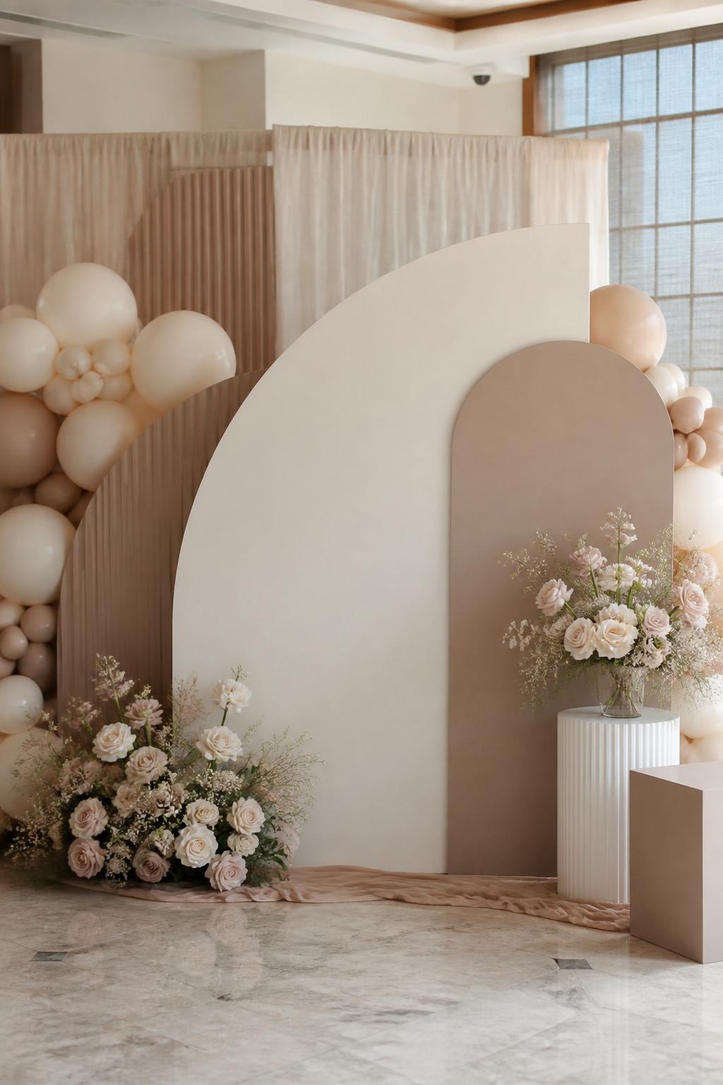 Image Prompt:
A single realistic photo of a modern engagement backdrop with layered curved panels in beige, cream, and taupe, a soft balloon accent in neutral tones, low floral arrangements in ivory and blush, clean plinths, subtle fabric draping, chic indoor venue setting, no people, no faces, soft daylight, realistic editorial event photo, no text, no watermark.