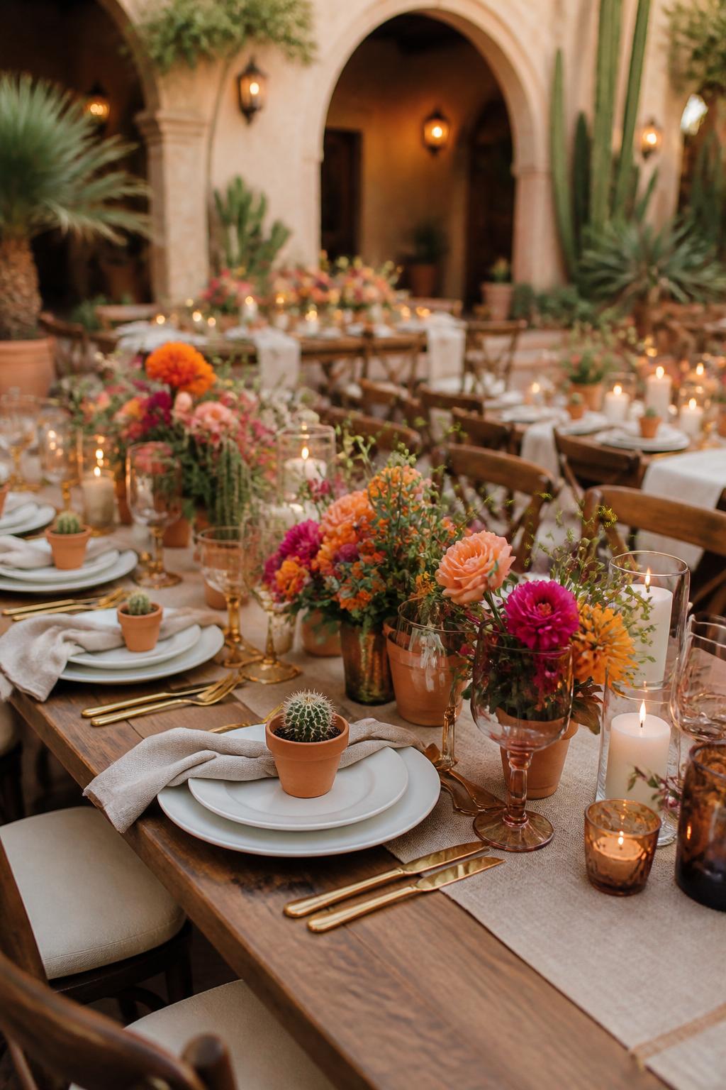 Image Prompt:
A stylish Mexican wedding reception table featuring small tasteful cactus accents mixed with colorful flowers, terracotta pots, white plates, neutral linen napkins, gold flatware, and candlelight. The setting is a modern desert courtyard or hacienda-style venue with warm natural light, no visible faces, no text, no watermark, realistic editorial wedding photo.