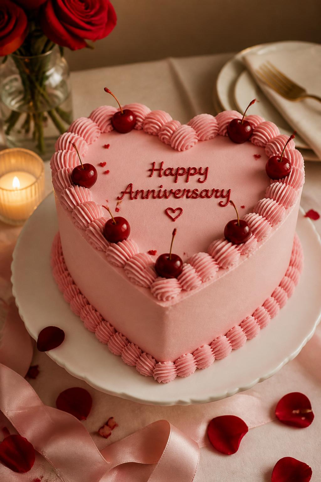 Image Prompt: A stylish heart-shaped anniversary cake with smooth pink buttercream, soft shell piping around the edges, tiny cherries, and a small handwritten-style anniversary message on top. Place it on a white cake stand with scattered rose petals, satin ribbon, and a cozy romantic table setting. Use realistic bakery-style texture, soft editorial lighting, no people, no faces, no watermark. (no watermarks on images)
