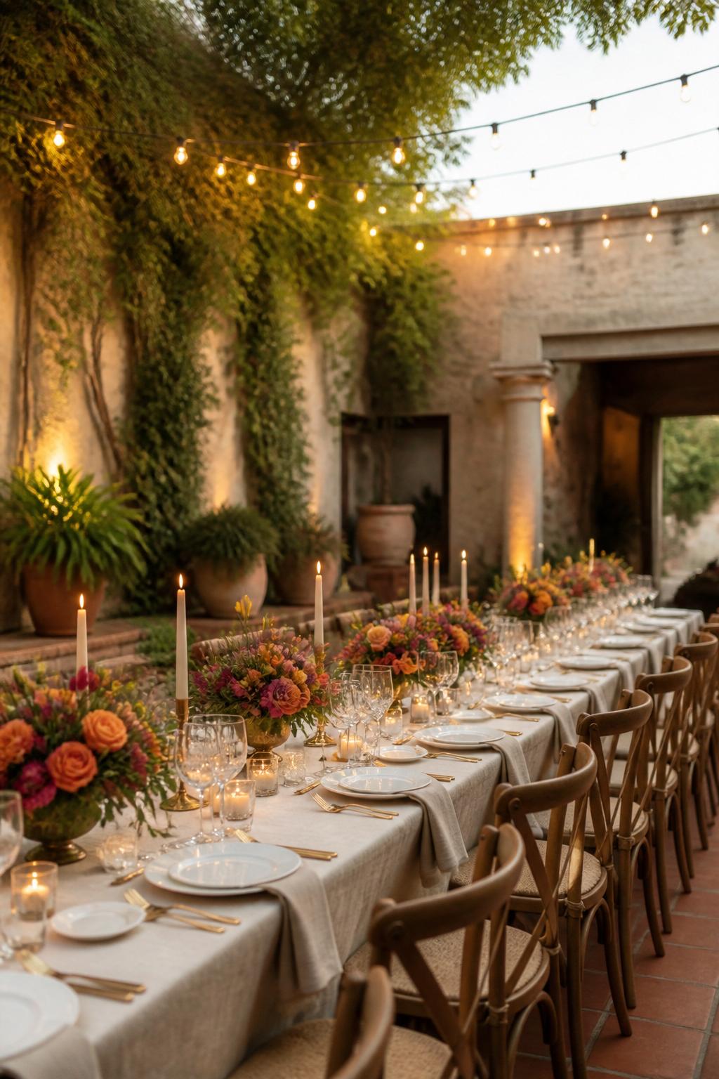 Image Prompt:
A romantic modern Mexican wedding reception photo showing a long table in a hacienda courtyard, decorated with low colorful flowers, many small candle votives, ivory taper candles, white plates, gold flatware, natural linen napkins, and clear glassware. Warm string lights above, stucco walls, clay floor, no visible faces, no text, no watermark, realistic DSLR wedding photography.