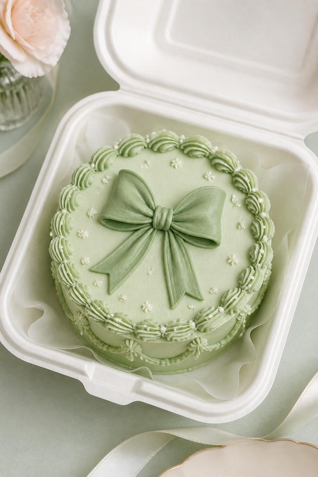 Image Prompt:
A beautiful green bow bento cake inside an open white bento box, pale mint green frosting, central buttercream bow design, tiny pearl sprinkles, delicate piped border, sweet coquette bakery styling, soft pastel backdrop, realistic DSLR dessert photography, no people, no hands, no faces, no watermarks on images