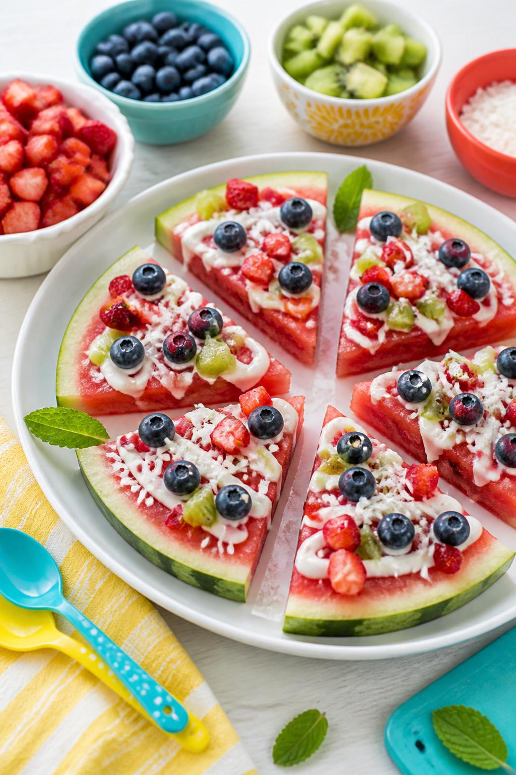 Detailed Image Prompt:
A bright editorial-style kids’ summer food craft photo showing watermelon pizza slices arranged on a white platter, triangle watermelon wedges topped with yogurt drizzle, blueberries, strawberries, kiwi pieces, and shredded coconut, colorful fruit bowls and kid-safe spoons nearby, clean sunny kitchen table, fresh summer snack styling, no people, no faces, no readable text, no watermark on images.