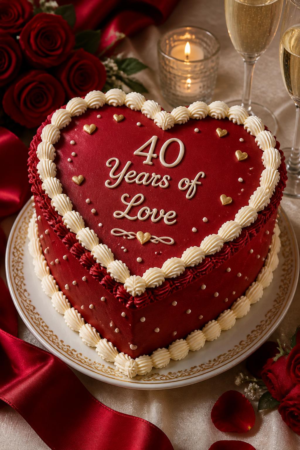 Image Prompt: A heart-shaped ruby wedding anniversary cake with deep red buttercream, ivory shell piping, tiny pearl dots, small gold hearts, and a sweet “40 Years of Love” message on top. Style it on a romantic table with candles, satin ribbon, red roses, and champagne glasses. Make it cute, rich, and realistic, with detailed buttercream texture, no people, no faces, no watermark. (no watermarks on images)