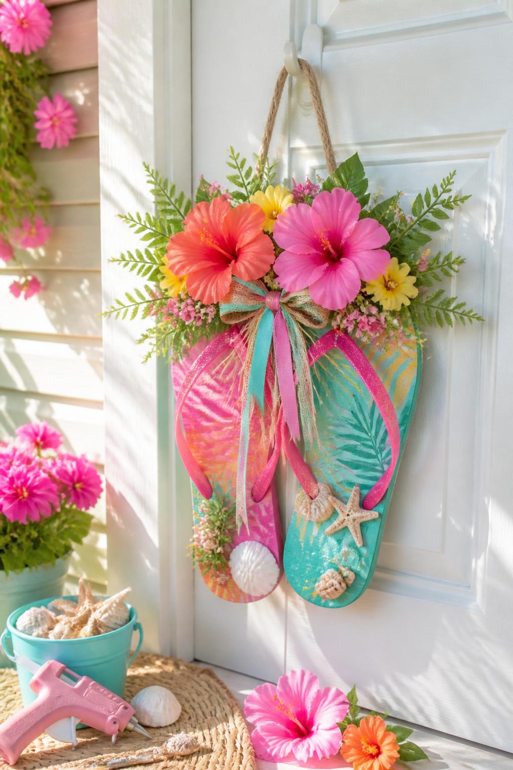 Detailed Image Prompt:
A playful summer craft photo showing a door hanger made from Dollar Tree flip-flops, bright flip-flops decorated with faux flowers, ribbon, greenery, and small seashell accents, hanging on a white door with sunny porch light, extra flowers and glue supplies nearby, cute beachy summer decor style, no people, no faces, no readable text, no watermark on images.
