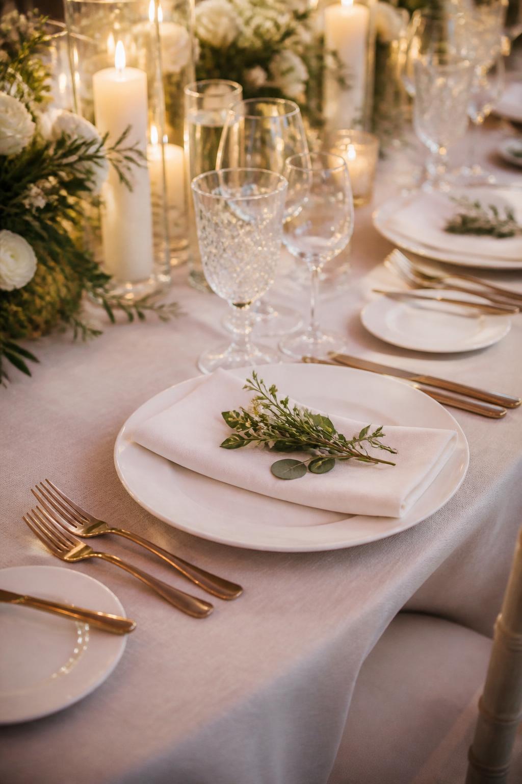 Image Prompt:
A close editorial wedding table photo focused on individual place settings with white plates, folded linen napkins, a small floral sprig placed neatly on each napkin, gold flatware, clear crystal glasses, and soft candlelight in the background. Elegant wedding reception setting, no visible faces, no text, no watermark, realistic professional photography, (no watermarks on images)