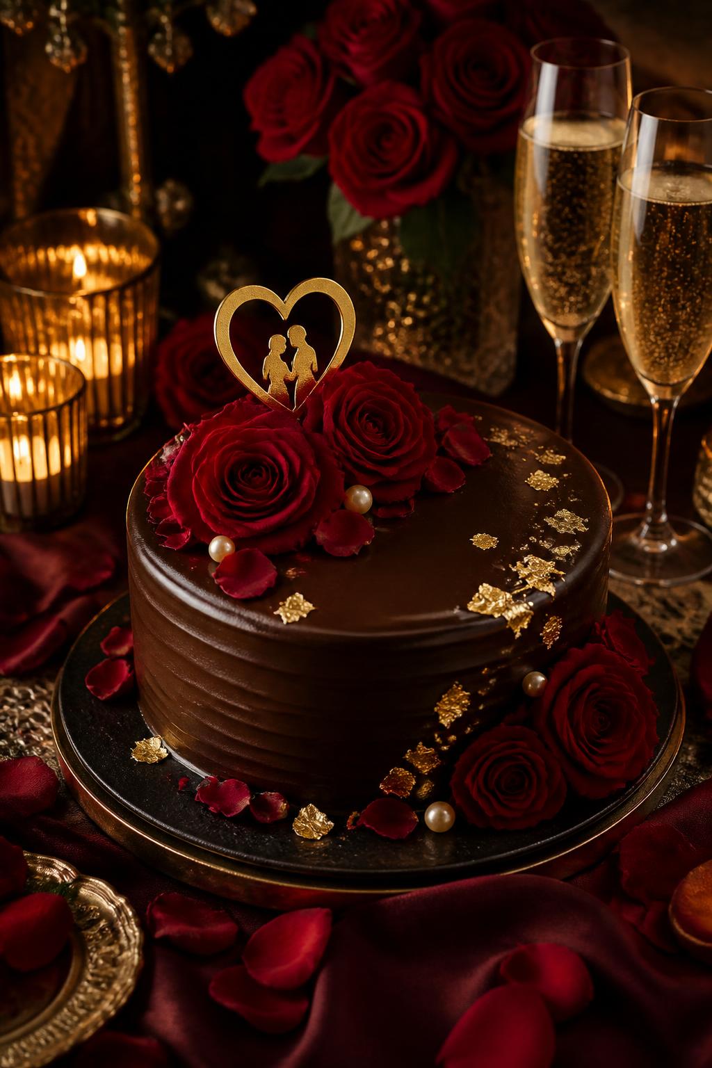 Image Prompt: A rich chocolate anniversary cake with smooth chocolate ganache, deep red roses, edible gold leaf, pearl accents, and a small gold anniversary topper. Style it on a warm dessert table with candles, champagne glasses, red rose petals, and dark romantic linen. Make it cozy, rich, and realistic, no people, no faces, no text overlay, no watermark. (no watermarks on images)