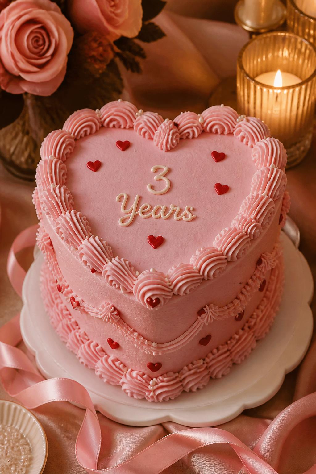 Image Prompt: A heart-shaped 3rd anniversary cake with soft pink buttercream, vintage shell piping, pearl dots, tiny red hearts, and a small “3 Years” message on top. Style it on a cozy dessert table with satin ribbon, candles, blush roses, and warm romantic lighting. Make it charming, feminine, and realistic, with detailed buttercream texture, no people, no faces, no watermark. (no watermarks on images)