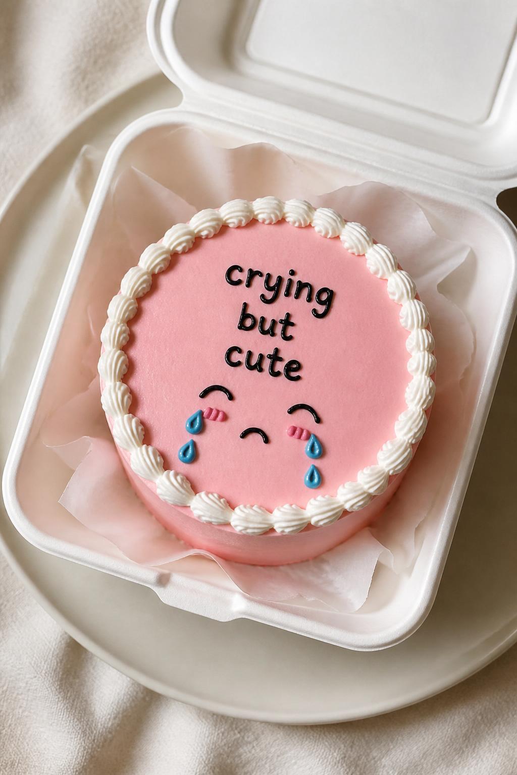 Image Prompt:
A playful funny bento cake in an open white cake box, soft pink frosting, tiny cartoon crying face made with icing, handwritten text reading “crying but cute,” little tear drop details, neat white piped border, pastel funny dessert styling, realistic editorial bakery photography, no people, no hands, no faces, no watermarks on images