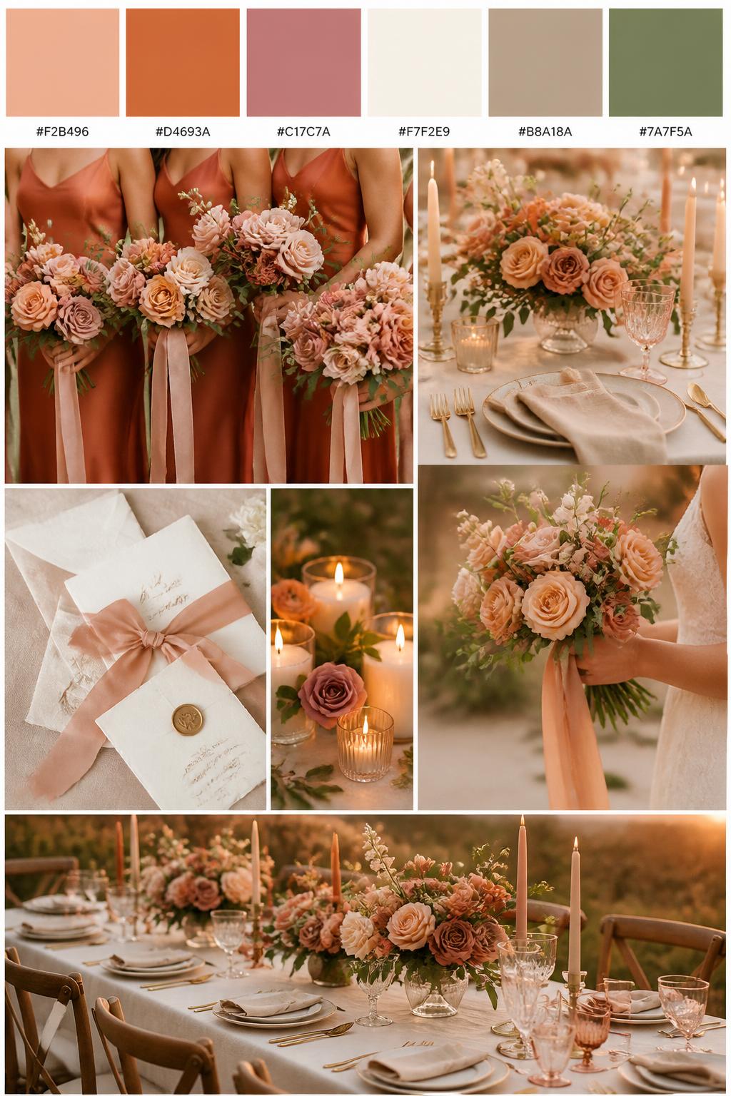 Image Prompt:
A realistic wedding color palette mood board in a Pinterest-style collage layout inspired by an elegant wedding palette board. Add a top row of clean color swatches with small hex codes in peach, terracotta, dusty rose, cream, warm taupe, and muted olive. Below the swatches, create a soft romantic collage of realistic wedding details: terracotta bridesmaid dresses cropped from the neck down, peach and dusty rose floral arrangements, cream table linens, warm candlelight, soft stationery tied with silk ribbon, a side-view bouquet shot, and a reception table with sunset-toned florals. Use a mix of no-people scenes, back views, hands-only styling shots, and cropped detail shots to avoid showing faces. The mood should feel warm, glowy, romantic, and refined with DSLR-style realism. 9:16 vertical format. No extra text except small hex codes on the palette strip. (no watermarks on images)