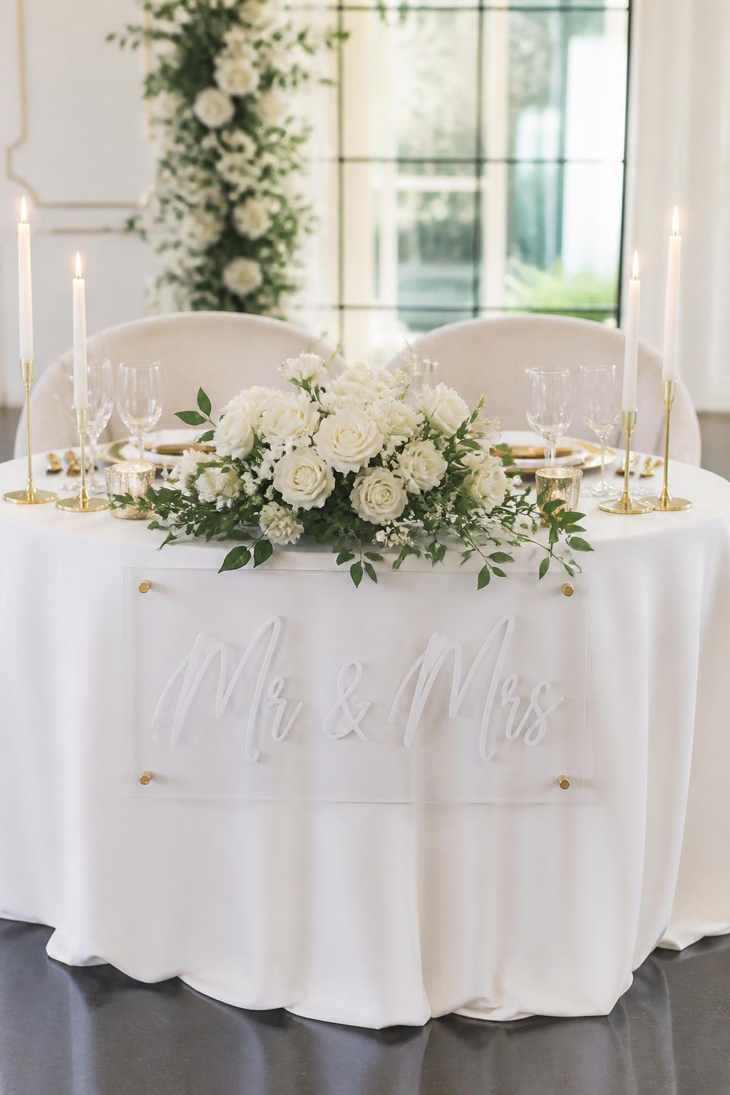 Image Prompt:
A modern wedding sweetheart table with a clear acrylic Mr and Mrs sign placed at the front, crisp white linen, white roses, slim taper candles, matte black or gold flatware, clear glassware, and simple modern chairs. Clean reception venue with soft natural light, no visible faces, no watermark, realistic DSLR editorial image.