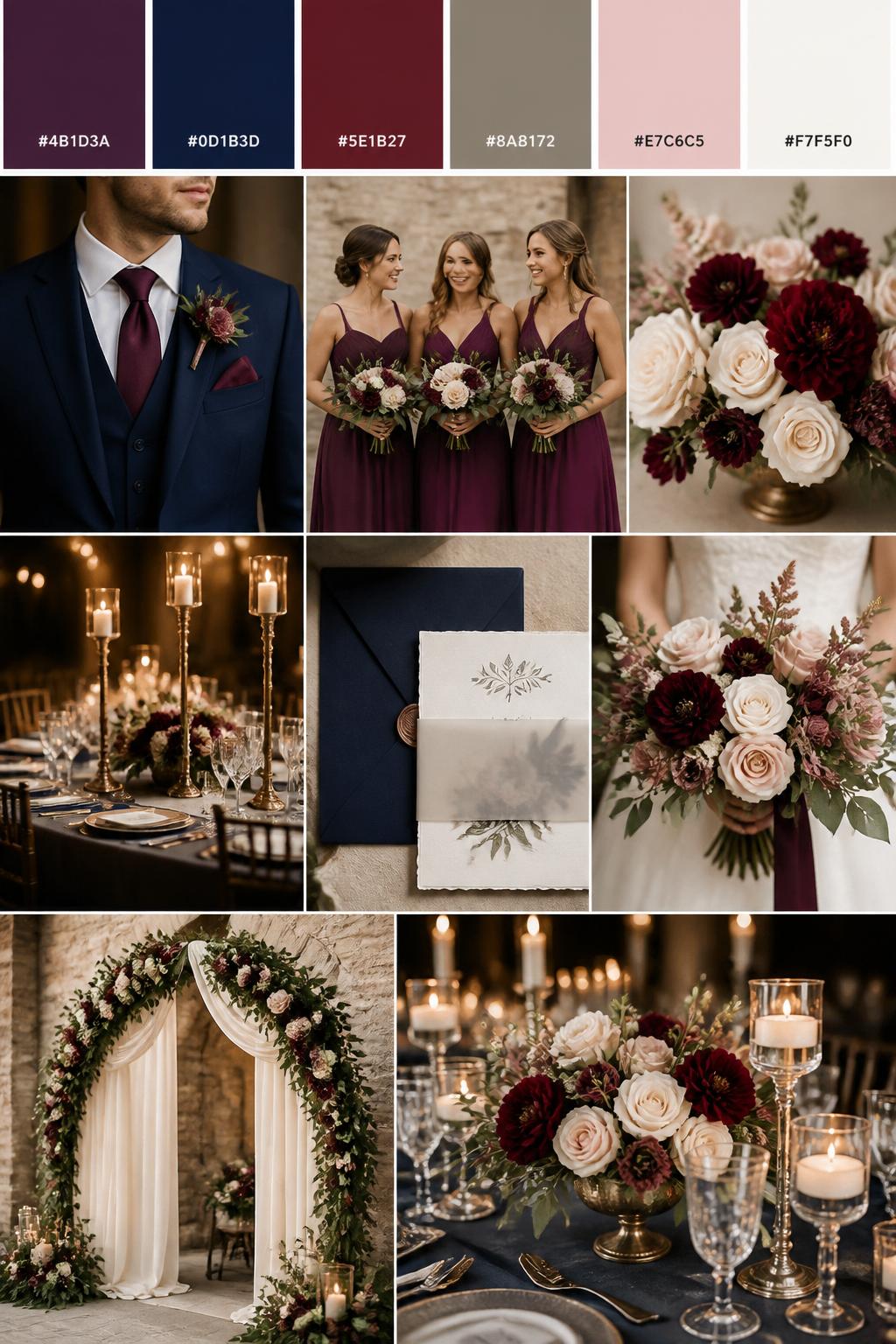 Image Prompt:
A realistic wedding inspiration mood board with a top strip of color swatches and hex codes featuring mulberry, navy blue, burgundy, warm taupe, soft blush, and ivory. Under the palette strip, show a clean collage of wedding visuals: navy groom attire with a mulberry tie, mulberry bridesmaid dresses, ivory and deep berry florals, candlelit reception tables, classic wedding invitations with navy envelopes, an elegant bouquet, and a romantic ceremony backdrop. Style the collage like a polished Pinterest wedding color board with realistic human-shot DSLR photography, layered composition, and a refined, classic mood. 9:16 vertical format. No extra text except small hex codes on the palette strip. (no watermarks on images)