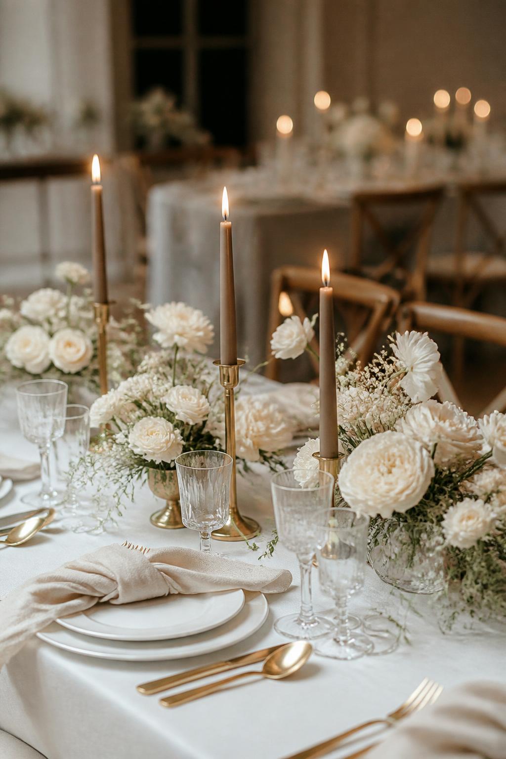Image Prompt:
A refined wedding table photo showing brown taper candles in elegant holders, crisp white linen, white plates, ivory floral arrangements, gold flatware, crystal glasses, and soft warm light. Modern romantic reception setting, no visible faces, no text, no watermark, realistic editorial wedding photography, (no watermarks on images)
