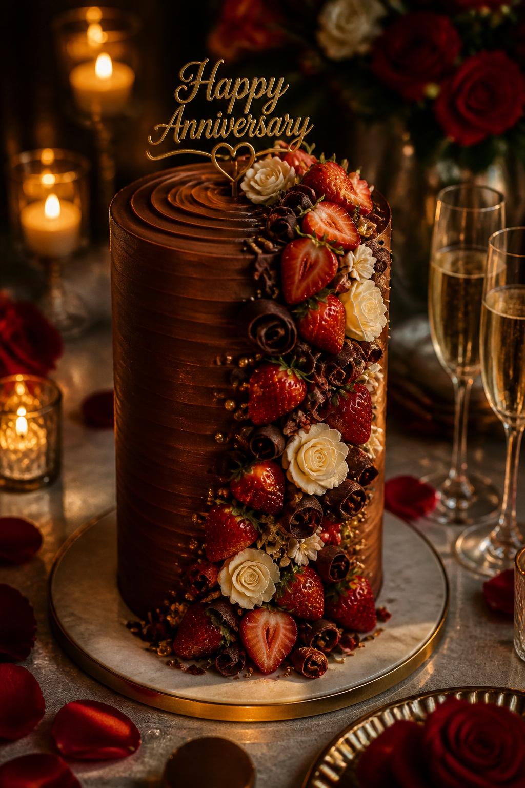 Image Prompt: A tall chocolate anniversary cake with smooth chocolate buttercream, a cascade of fresh strawberries, chocolate curls, cream flowers, and tiny gold pearls flowing down one side. Style it on a romantic dessert table with candles, champagne glasses, and soft warm lighting. Make it lush, beautiful, and realistic, no people, no faces, no watermark. (no watermarks on images)