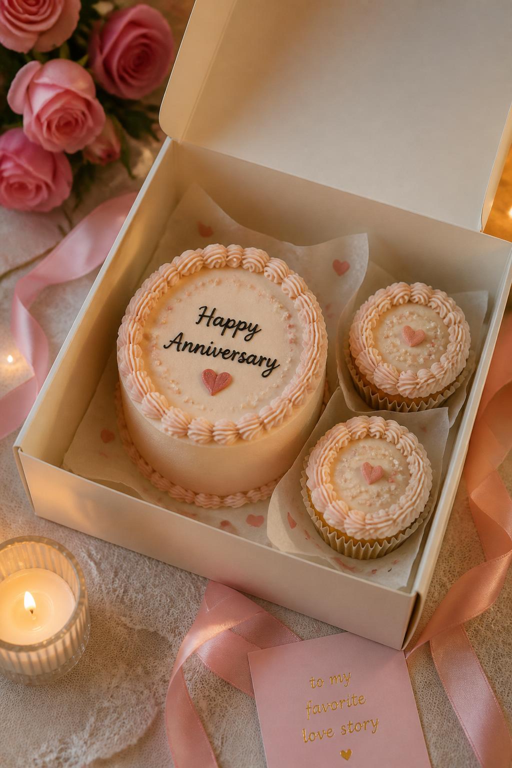 Image Prompt: A small bento anniversary cake with two matching mini cupcakes inside a larger dessert box, decorated with blush buttercream, tiny hearts, pearl sprinkles, and soft piped borders. Style it on a romantic table with pink roses, ribbon, and candlelight. Make the dessert set look cute, giftable, and realistic, no people, no faces, no watermark. (no watermarks on images)