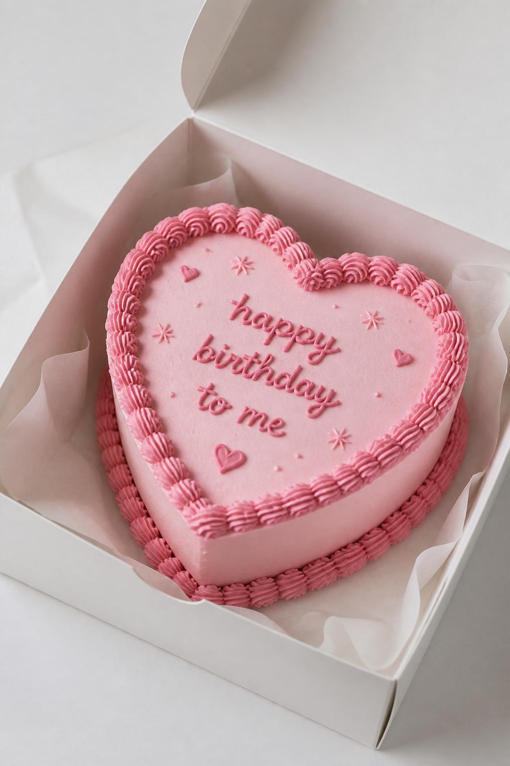 Image Prompt:
A beautiful monochrome heart shaped bento cake inside an open white cake box, smooth pink buttercream frosting, darker pink piped border, pink handwritten icing text, tiny pink heart and star details, modern tone-on-tone styling, bright clean backdrop, realistic editorial dessert photography, no people, no hands, no faces, no watermarks on images
