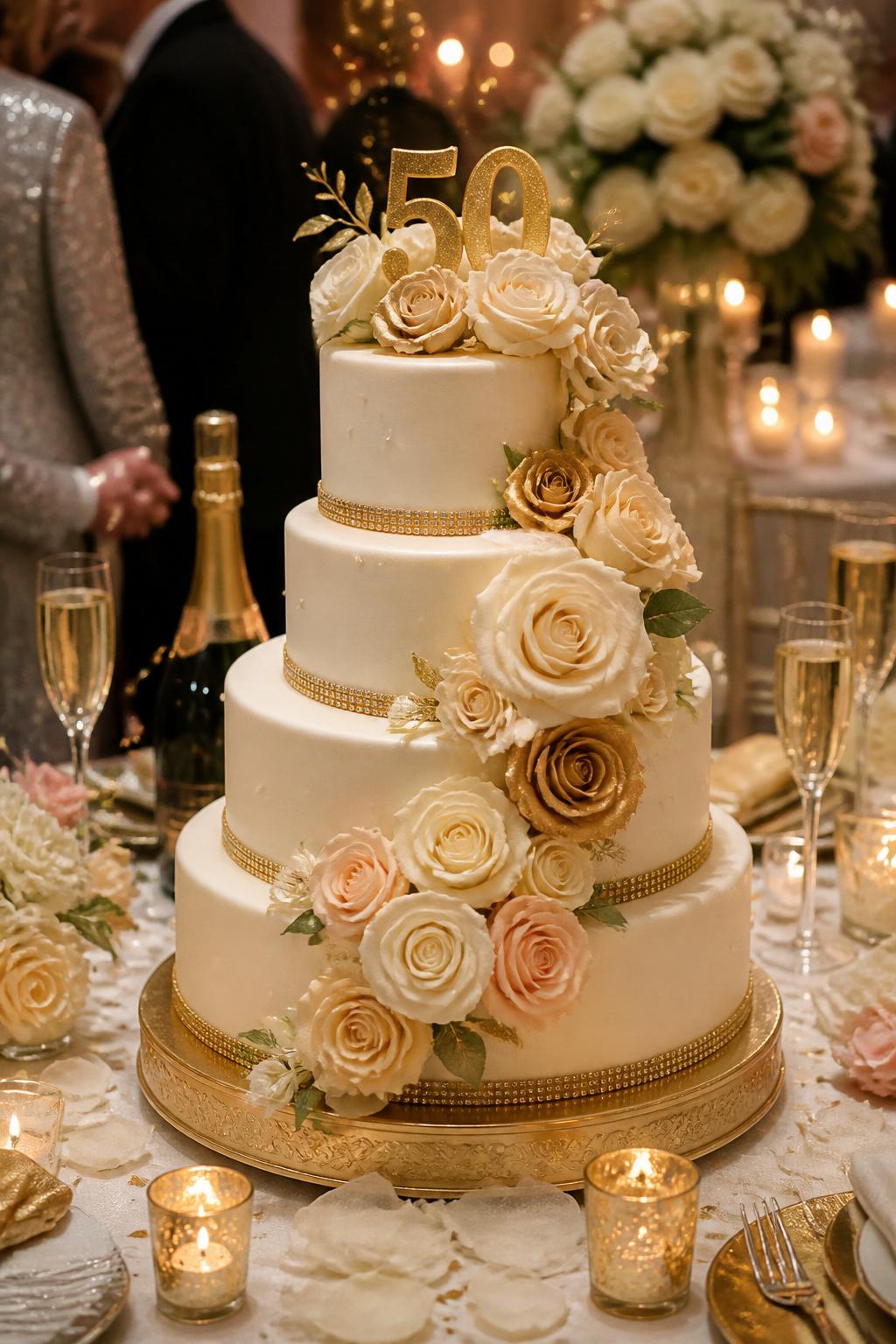 Image Prompt: Ultra-realistic 50th wedding anniversary celebration image of a tiered anniversary cake decorated with ivory, cream, and soft gold roses, smooth ivory frosting, and subtle gold accents. Display the cake on an elegant dessert table with candles, champagne flutes, soft floral centerpieces, fine linens, and warm indoor party lighting. Keep the cake in sharp focus with the background softly blurred. No visible faces. If guests appear, show only cropped hands, back views, side angles, or neck-down figures. Realistic rose petals, soft gold detail, refined DSLR event photography. (no watermarks on images)