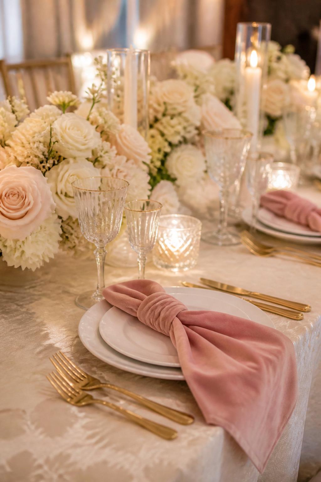 A close editorial wedding table photo showing soft pink velvet napkins placed on white plates, paired with low ivory floral arrangements, gold flatware, crystal glasses, and warm candlelight. Elegant indoor wedding reception setting, no visible faces, no text, no watermark, professional wedding photography, (no watermarks on images)