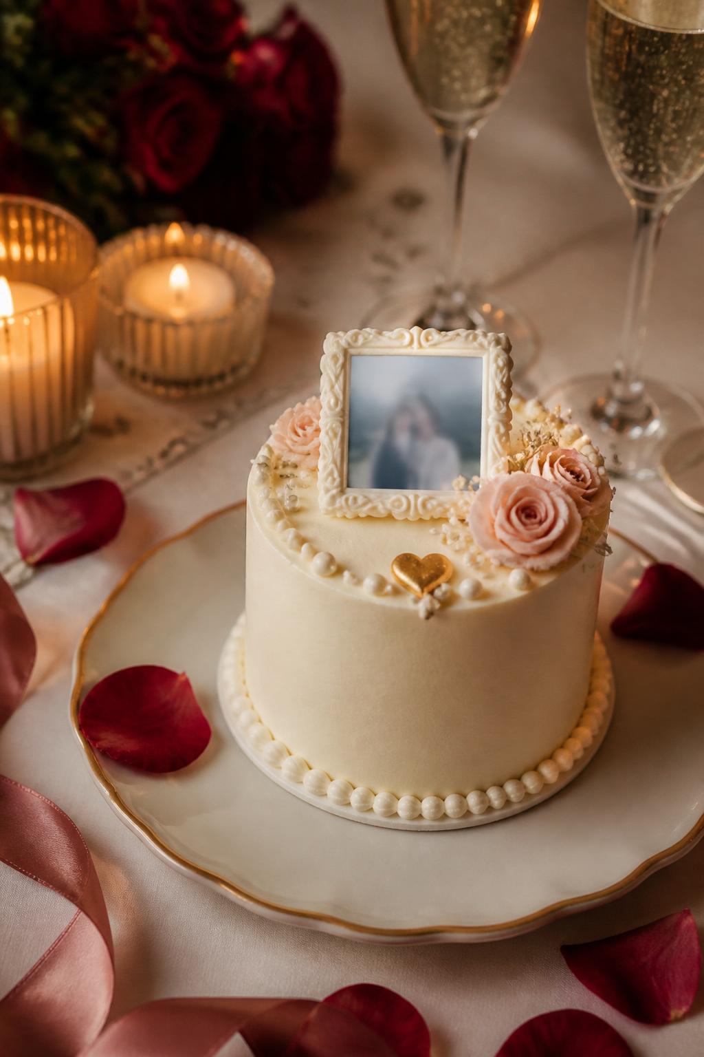 Image Prompt: A small anniversary mini cake with smooth ivory buttercream, one tiny edible photo frame on top, pearl borders, blush flowers, and a small gold heart accent. Style it on a romantic dessert plate with candles, rose petals, satin ribbon, and champagne glasses softly blurred in the background. Make the photo softly blurred with no clear visible faces, realistic, intimate, no people, no faces, no watermark. (no watermarks on images)