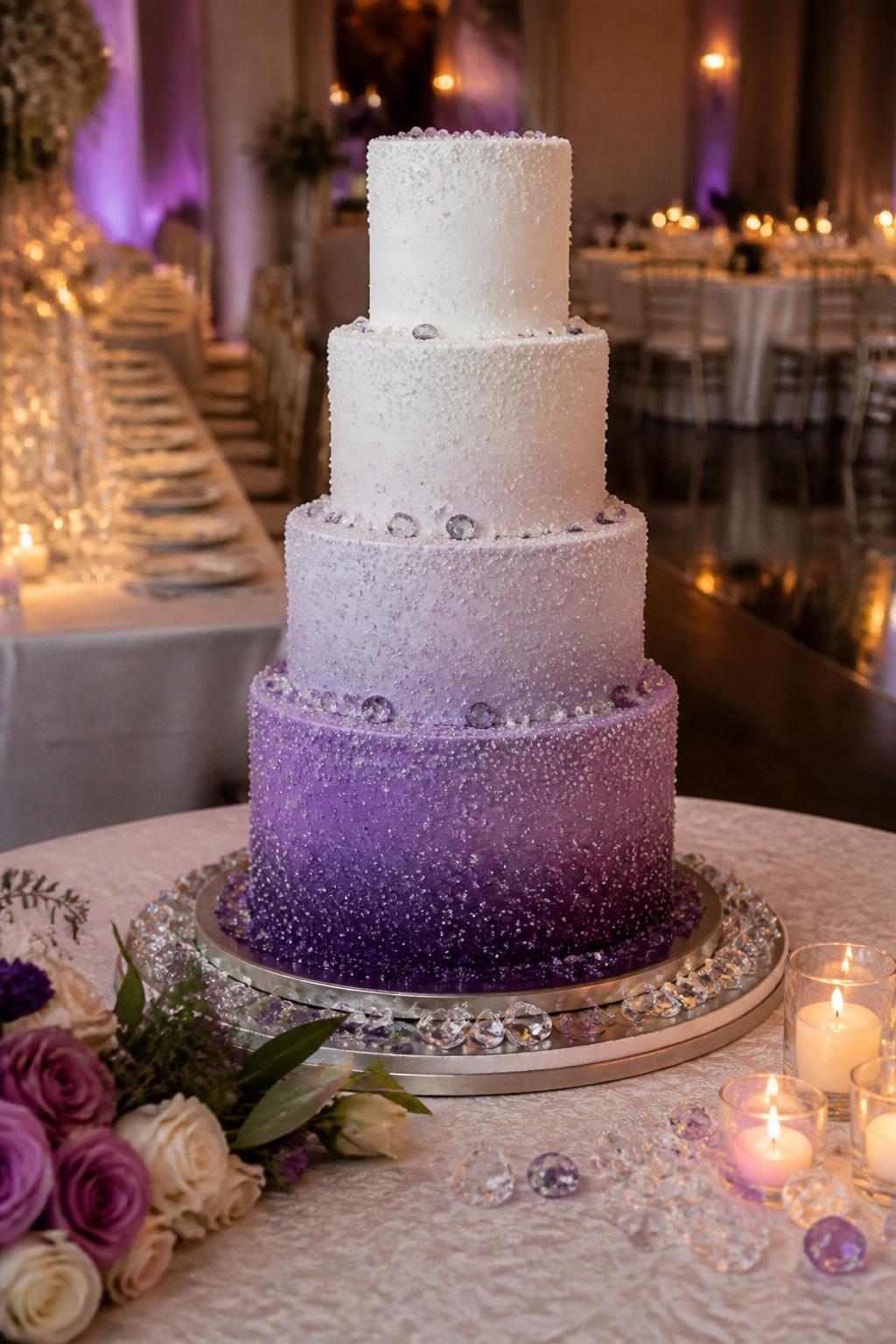 Image Prompt: Ultra-realistic wedding reception scene showing an ombre shimmer wedding cake with elegant color fade across the tiers, finished with crystal accents and subtle sparkle detailing. Place the cake on a decorated wedding cake table with florals, candlelight, fine linens, and a real reception setup. Focus on a polished, believable cake design with natural icing texture and soft glow. No faces visible. If people appear, use only back views, side angles, or cropped figures from the neck down. Editorial style, ultra-realistic, detailed and refined. (no watermarks on images)