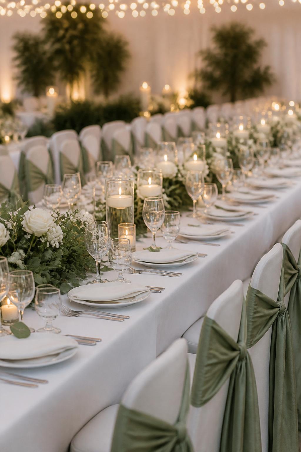 Image Prompt:
A refined wedding reception photo showing a long table styled with mostly white decor, soft greenery, candles, and sage green chair sashes or chair ribbons around the table. Add white plates, clear glassware, linen napkins, and soft romantic lighting. No visible faces, no full people, table-focused composition, no text, no watermark, realistic DSLR wedding photography, (no watermarks on images)