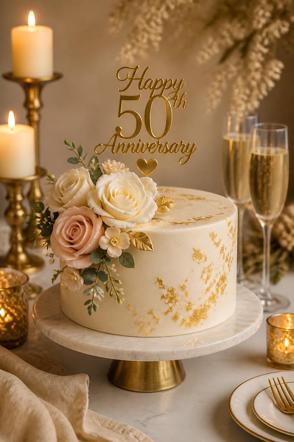 Image Prompt: A beautiful golden anniversary cake with smooth white fondant, scattered edible gold leaf, cream and blush sugar flowers, soft greenery, and a gold cake topper. Place it on a marble cake stand with candles, champagne flutes, and a warm neutral celebration backdrop. Make it look romantic, polished, and realistic, no people, no faces, no watermark. (no watermarks on images)