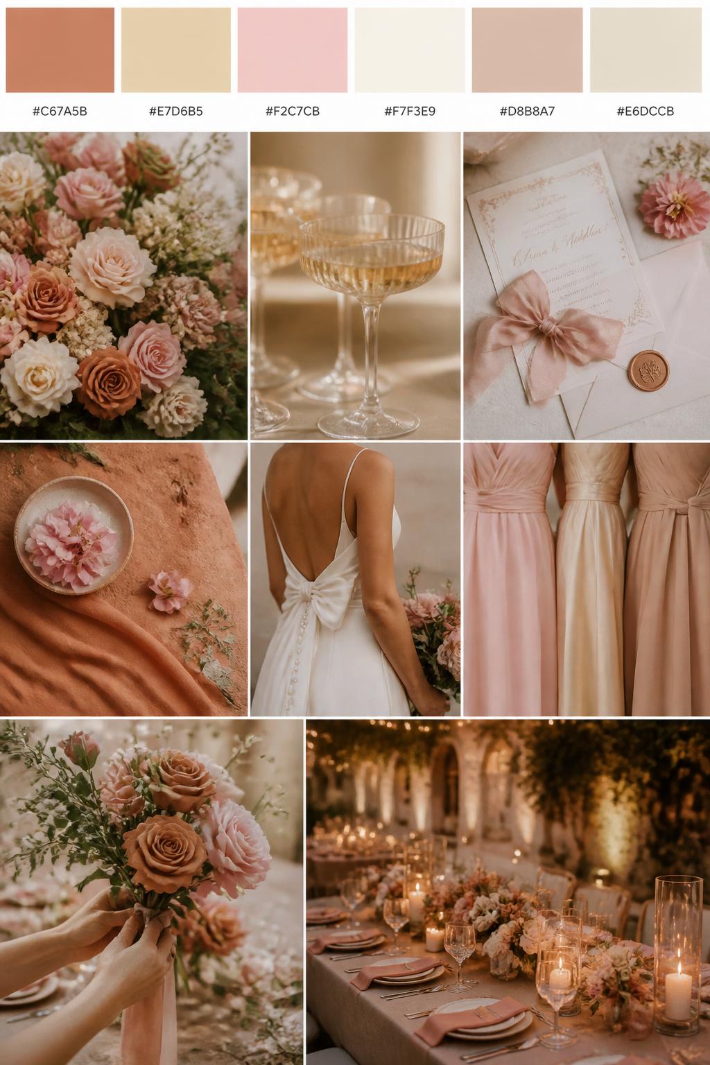 A realistic wedding color palette mood board with a top strip of swatches and small hex codes in soft terracotta, champagne, soft pink, ivory, warm nude, and beige. Below, show a cohesive collage of soft pink flowers, champagne glassware, terracotta details, stationery with silk ribbon, a back-view bridal detail, cropped bridesmaid dress fabric shots, hands-only bouquet styling, and a romantic reception table under warm glowing light. Keep faces out of frame using side angles, back views, close-up crops, and no-people scenes. The overall mood should feel soft, elegant, warm, and romantic with realistic DSLR photo quality. 9:16 vertical format. (no watermarks on images)