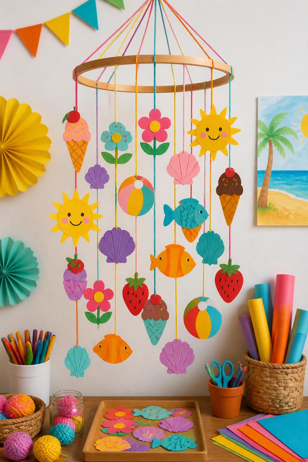Detailed Image Prompt:
A cheerful kids’ craft photo showing a handmade summer favorites mobile, paper suns, flowers, ice cream cones, shells, fish, strawberries, and beach balls hanging from a wooden hoop with colorful yarn, displayed against a bright wall, craft supplies neatly placed below, playful end-of-summer keepsake style, no people, no faces, no readable text, no watermark on images.