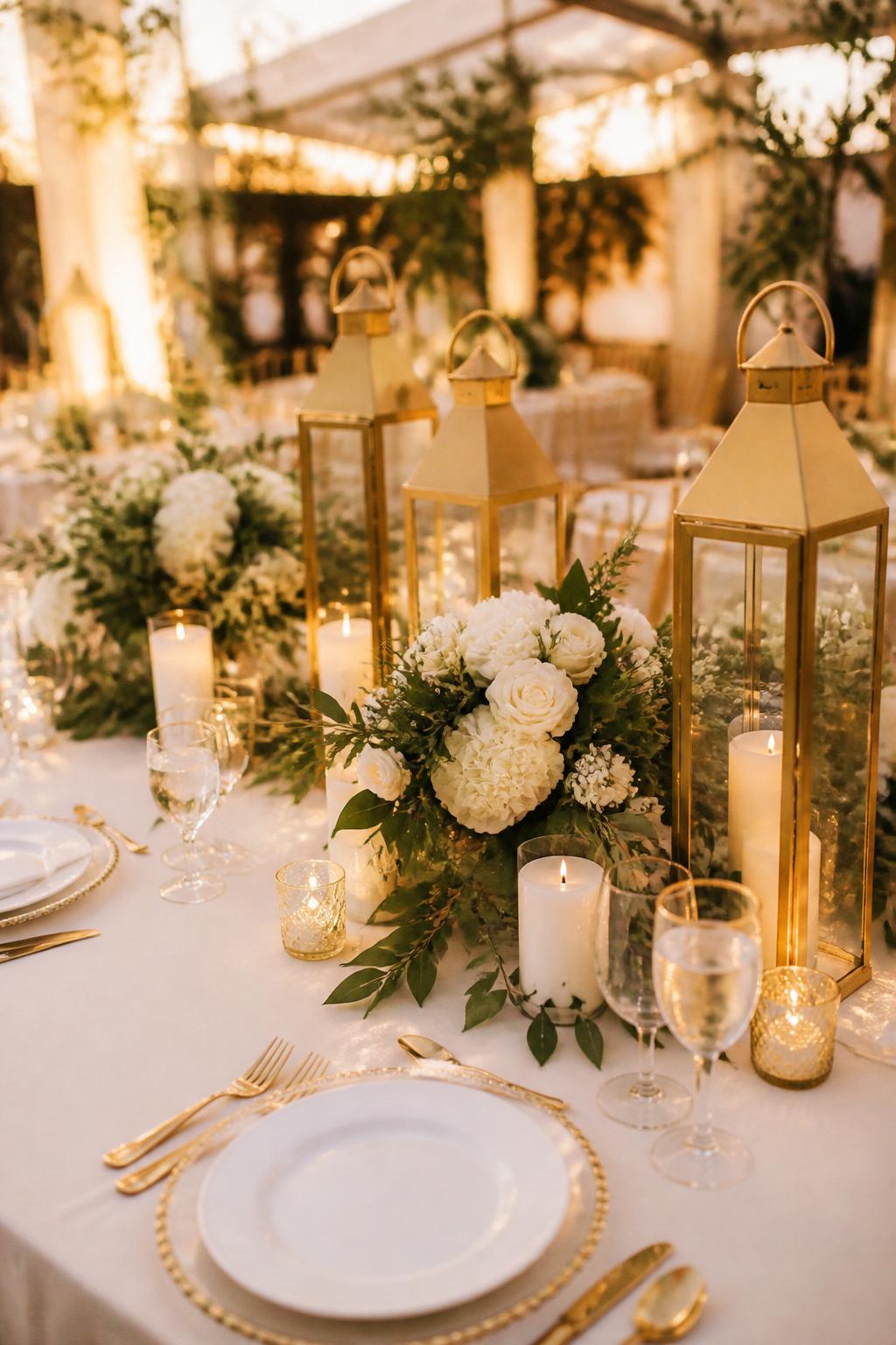 Image Prompt:
A charming wedding table decorated with gold lanterns, ivory candles, white floral arrangements, greenery, white plates, gold flatware, clear glassware, and soft reception lighting. Romantic indoor or outdoor reception setting, no visible faces, no text, no watermark, realistic editorial wedding photography, (no watermarks on images)