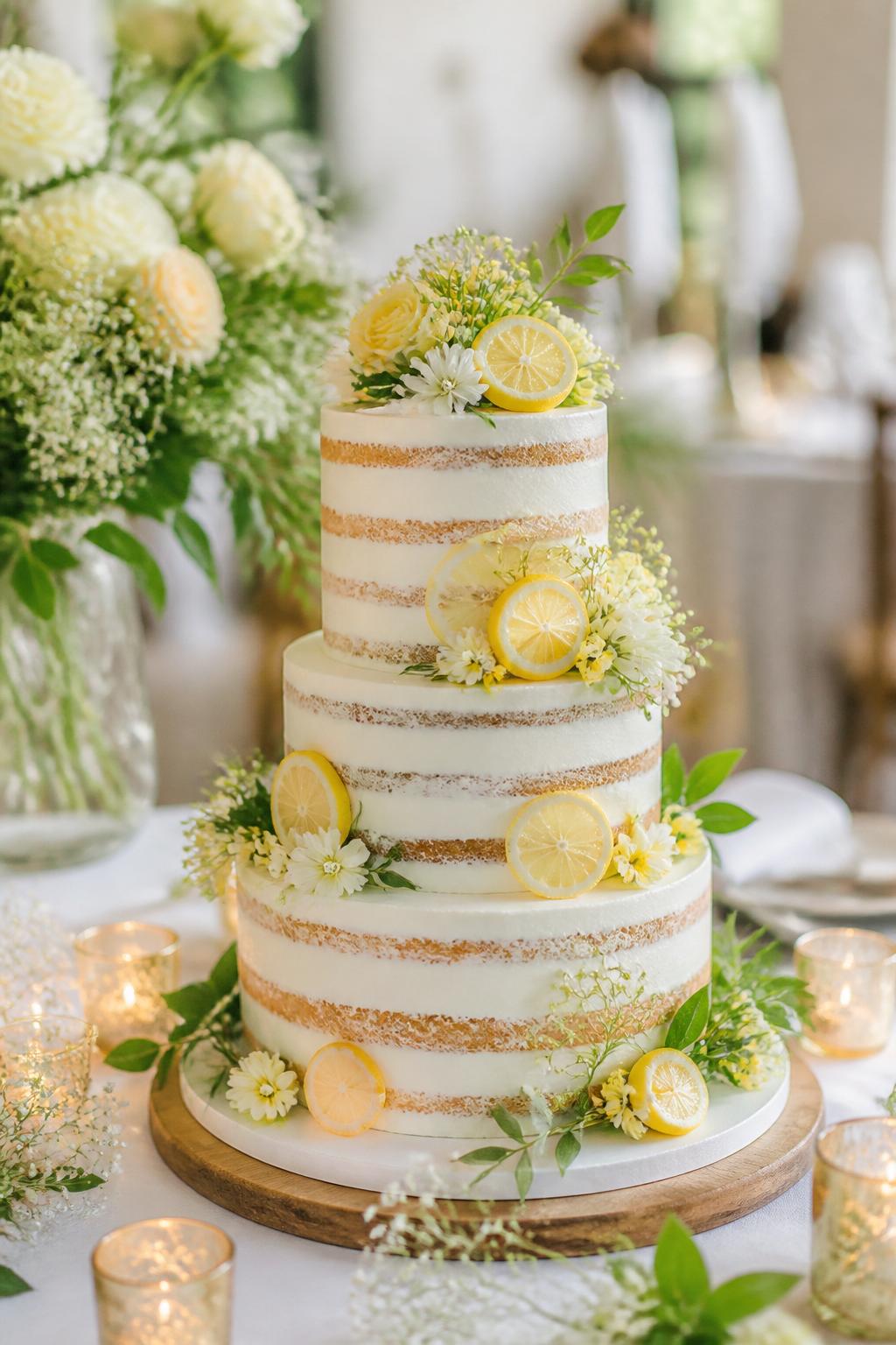 Image Prompt: Ultra-realistic wedding reception image of a lemon naked wedding cake with pale sponge layers, lemon curd filling, soft white buttercream, and a light rustic frosting finish. Decorate the cake with thin lemon slices, small yellow and white flowers, and fresh greenery. Place it on a pretty cake table at a spring or summer wedding party with bright florals, candles, white linens, and soft natural light. No visible faces. If people appear, show only cropped hands, side views, or blurred back views. Realistic lemon texture, clean cake details, fresh DSLR wedding photography. (no watermarks on images)