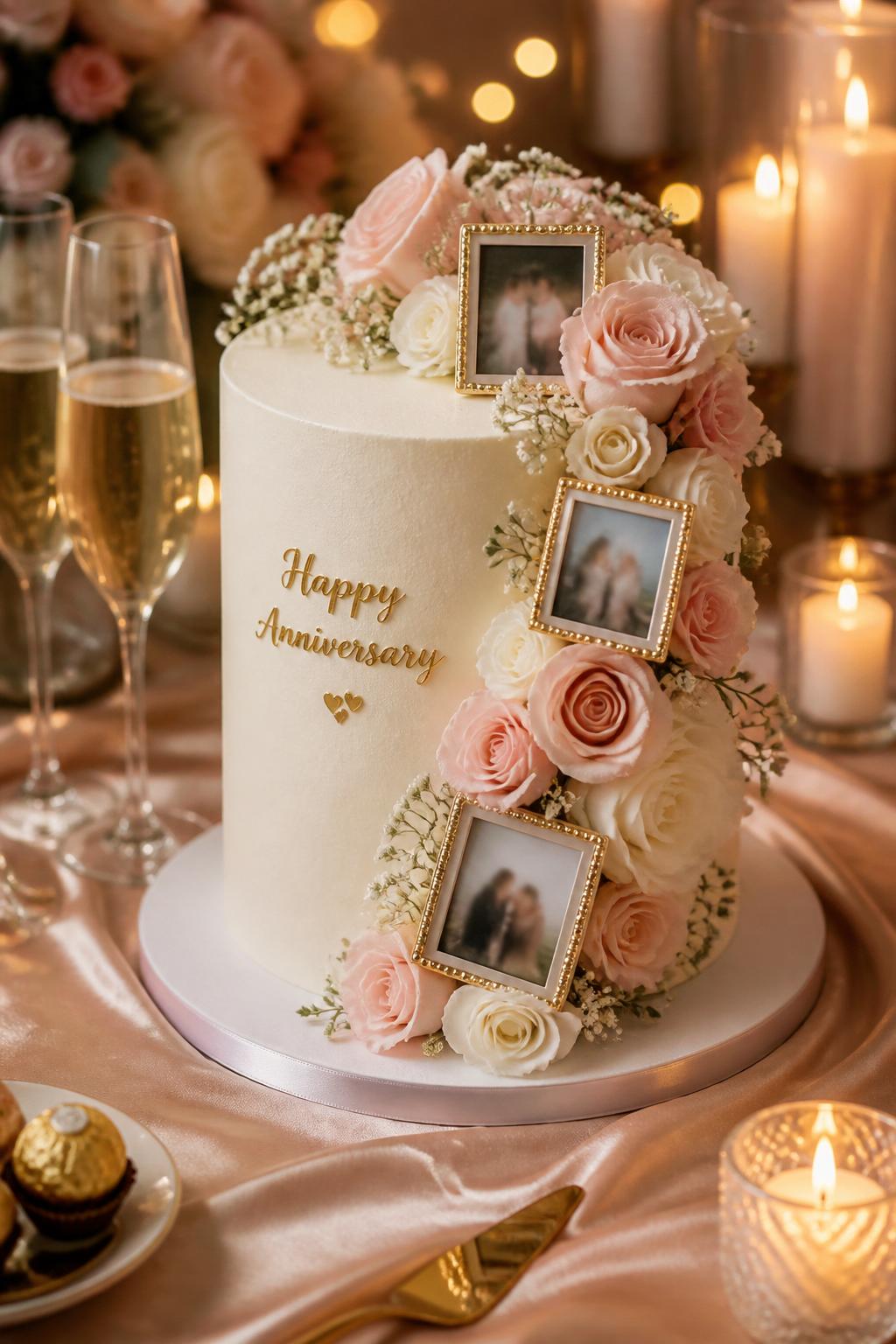 Image Prompt: A romantic anniversary cake with smooth white buttercream, a soft cascade of blush and cream flowers flowing down one side, and small edible photo frames placed gently along the floral line. Style it on an elegant table with candles, champagne glasses, and warm romantic lighting. Make the photos softly blurred with no clear visible faces, realistic and polished, no people, no faces, no watermark. (no watermarks on images)