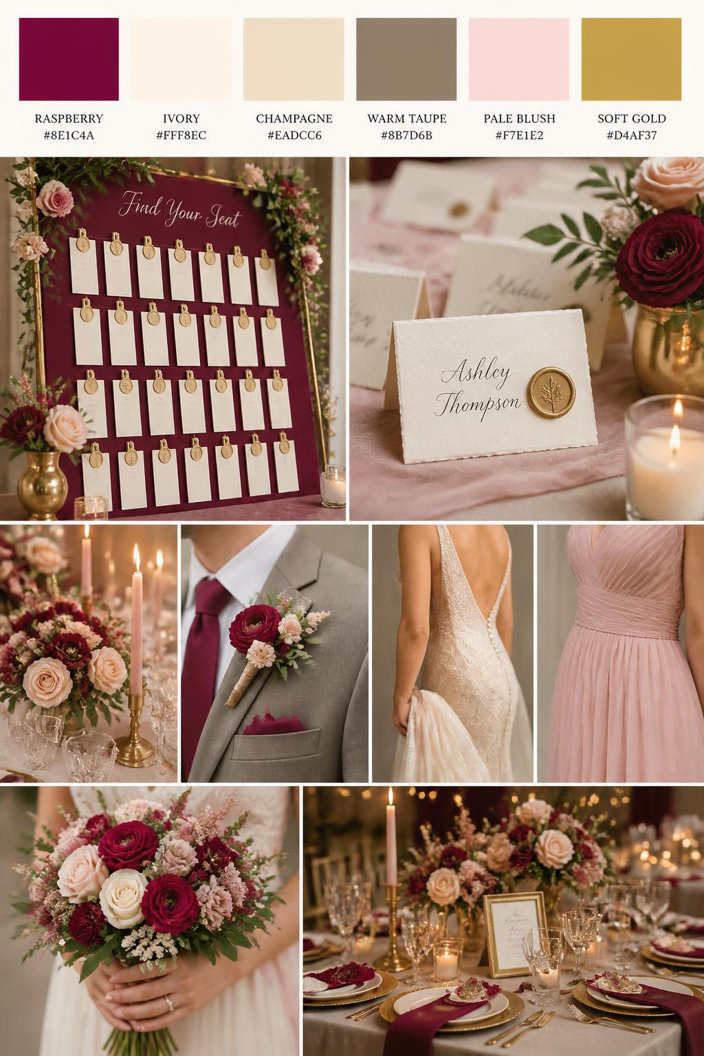 Image Prompt:
A realistic wedding palette board with a top row of color swatches and hex codes in raspberry, ivory, champagne, warm taupe, pale blush, and soft gold. Below, show a polished collage of a raspberry escort card display, elegant name cards, floral styling, candles, a groom suit detail with boutonniere and no visible face, cropped dress shots, bouquet styling in hands-only composition, and a romantic no-people reception detail scene. Use no full faces, with side crops, back views, and no-people decor shots for variety. The mood should feel elegant, romantic, and well-styled with true-to-life DSLR quality. 9:16 vertical format. (no watermarks on images)