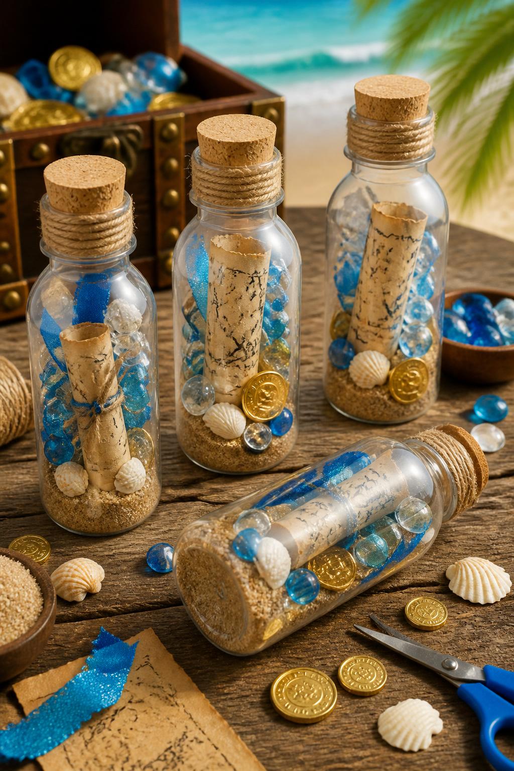 Detailed Image Prompt:
A magical summer craft photo showing pirate treasure bottles made from clear plastic bottles, filled with sand, small shells, plastic coins, beads, tiny paper maps, and blue ribbon pieces, cork-style lids wrapped with twine, arranged on a wooden table with treasure craft supplies nearby, sunny beach pirate theme, no people, no faces, no readable text, no watermark on images.