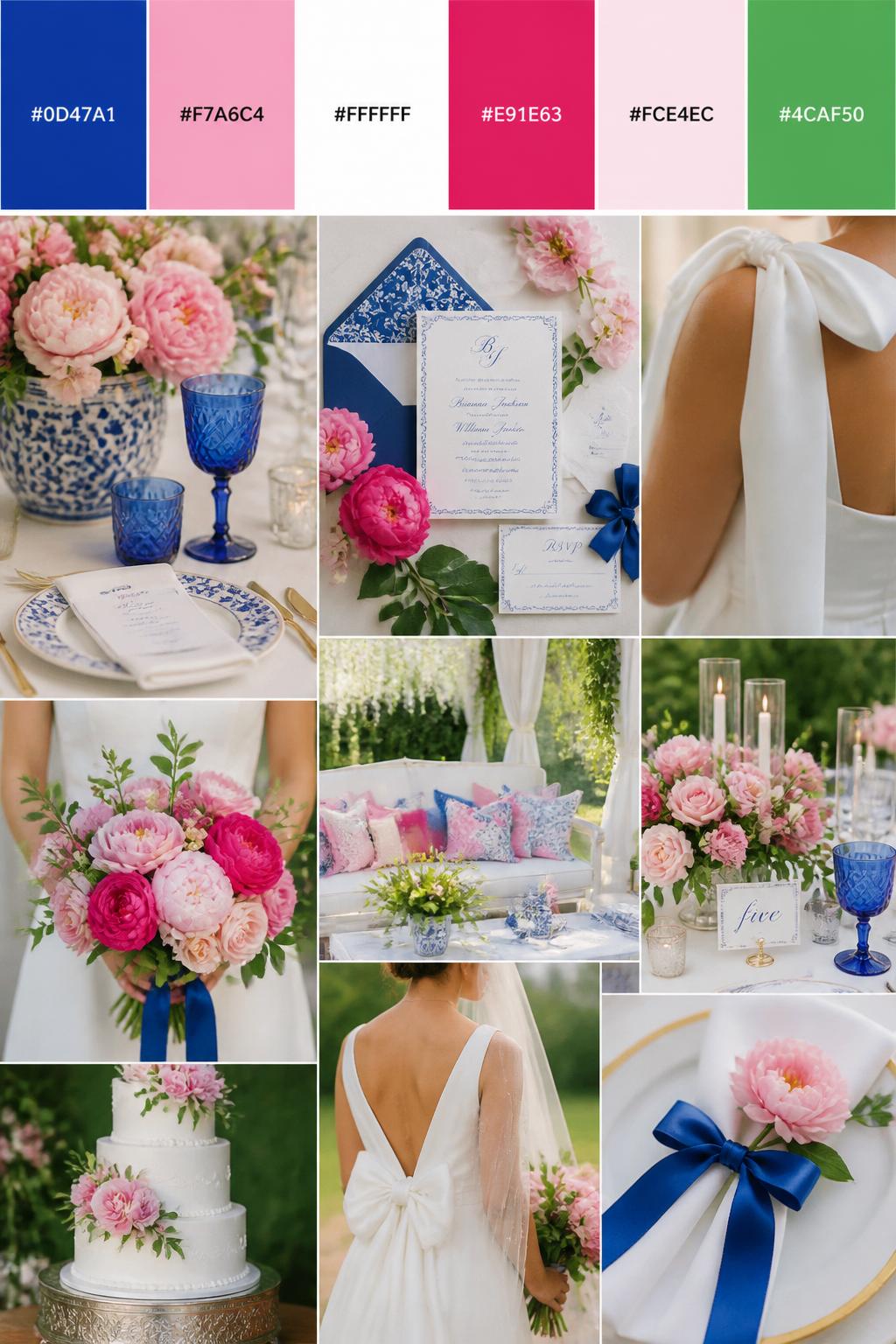 A realistic wedding inspiration collage with a top color strip showing hex-coded swatches in cobalt blue, soft pink, white, fuchsia, pale blush, and fresh green. Below the palette strip, create a realistic wedding mood board with blue glassware or ribbon details, pink flowers, white linens, invitation flat lays, cropped dress detail shots, hands holding a bouquet, and no-people decor scenes in soft natural light. Use back views, side views, shoulder-down crops, and detail-only shots so no full faces are visible. The mood should feel bright, fun, romantic, and polished with DSLR-style realism. 9:16 vertical format. (no watermarks on images)