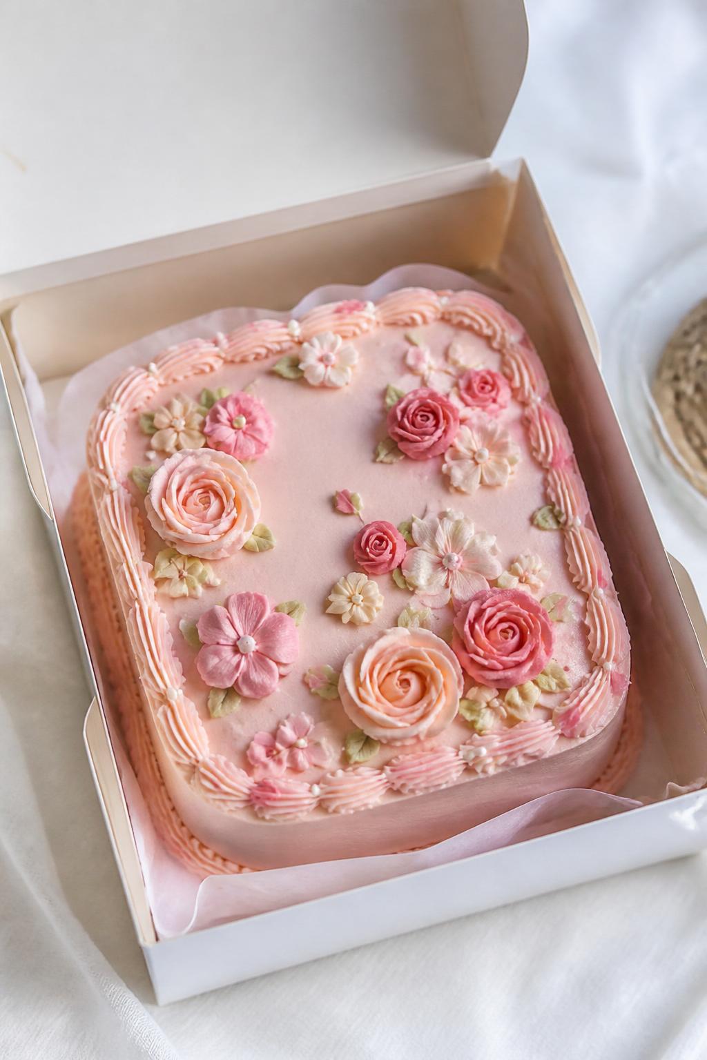 A delicate pink floral bento cake inside a white open cake box, smooth blush frosting, tiny buttercream flowers in rose pink, soft peach, and white tones, elegant piped border, fresh romantic bakery styling, soft natural light, realistic close-up dessert photography, no people, no hands, no faces, no watermarks on images