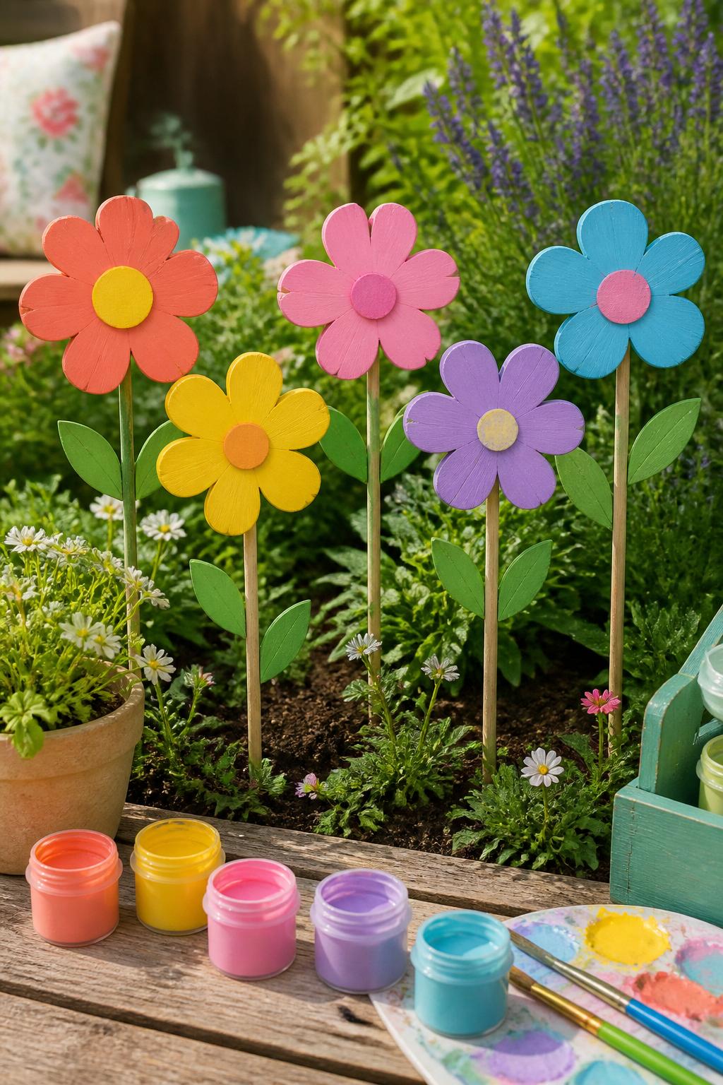 Detailed Image Prompt:
A colorful summer garden craft photo showing handmade wooden flower garden stakes, flat wooden flower shapes painted in coral, yellow, pink, lavender, and blue, attached to thin wood stakes, placed in a small garden bed with real greenery around them, paint pots and brushes nearby on a rustic table, sunny outdoor craft styling, no people, no faces, no text, no watermark on images.